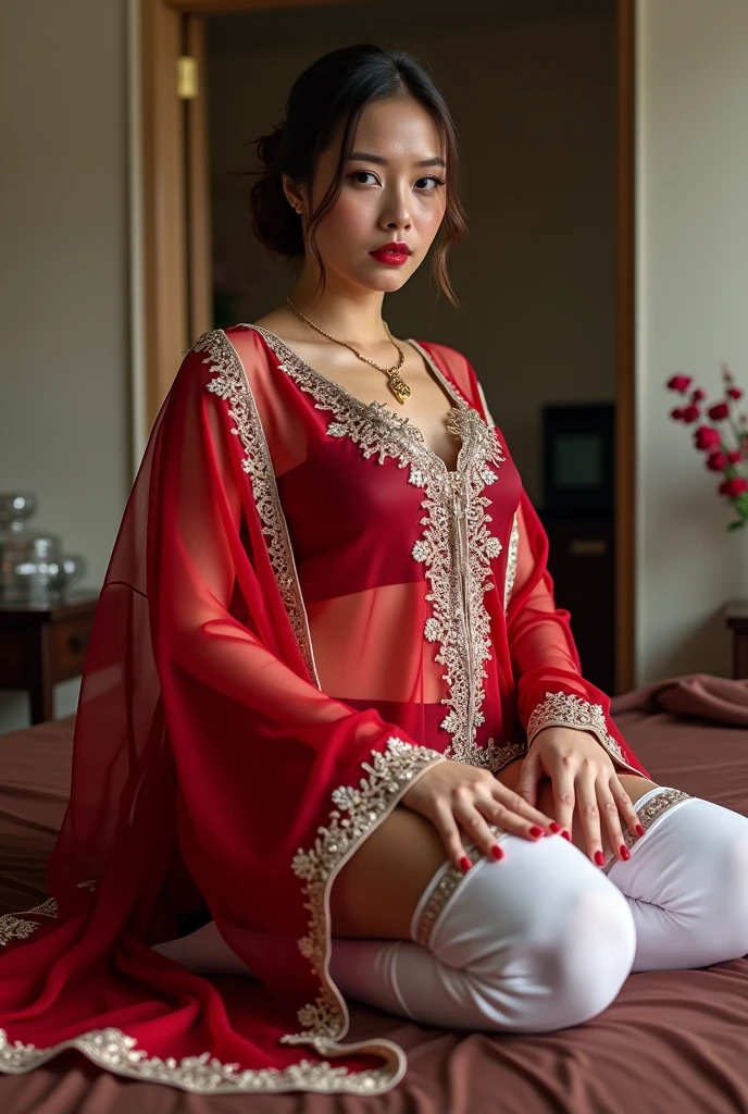 best quality, masterpiece, realistic:, luminate, beautiful muslim, hijab, twirling hijab, fully covered robe, 1 girl, red hijab, blue eyes, Front, detailed face, beautiful eyes, close up shot, dark red dress, tight dress, super shiny dress, ao dai dress, volumetric lighting, gorgeous body, moist skin, in a room and sitting on bed, window light, 50mm f1.4 lens
