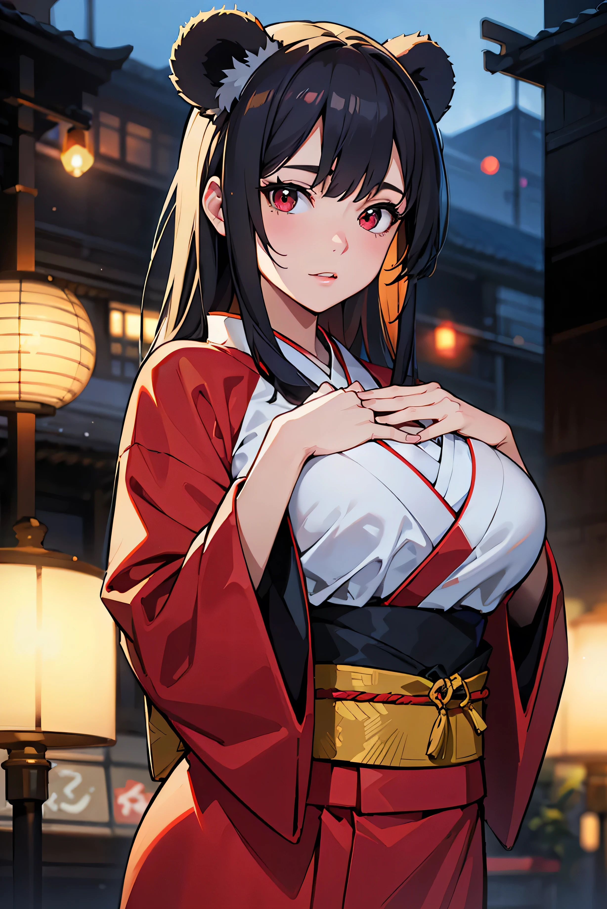 "A beautiful woman wearing a Japanese kimono, waving her small hand, (((Big Breasts)))、 I'll raise my arms、2D, cute, anime style, red eyes, detailed panda, panda ears, (highest quality, 4K, 8k, high resolution, masterpiece:1.2), ultra detail, (realistic, photo-realistic:1.37), high resolution, ultra high resolution, studio lighting, Fine art, sharp focus, physical-based rendering, extreme detail, Professional, vivid colors, bokeh"