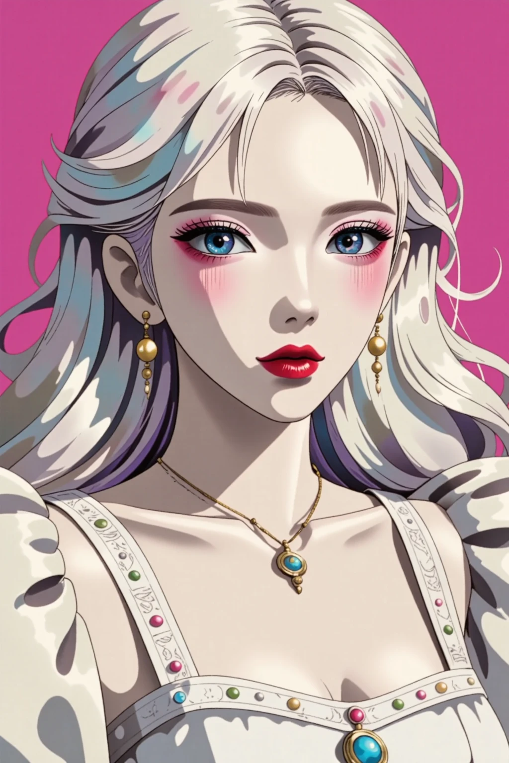 Beautiful girl, (platinum hair), ((very long curly hair)), face perfect, innocent smirk, trunk,(cerulean eyes), (yan), (mic), (slim), ((flat-chested)), ((21 years old)), skin denture, extreme detail, charming oval face, Red lips, Pink, shining skin, detailed hair, Facial Focus, Close-up chest, gold decorative necklace, gold earrings, ((1 girl)), Embarrassed expression,