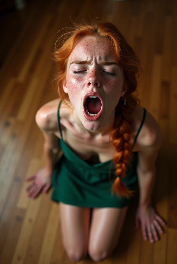 ager all wet with milk on her face, legs open showing her private parts and her mouth open, naked, red hair and cat ears all covered in milk 
