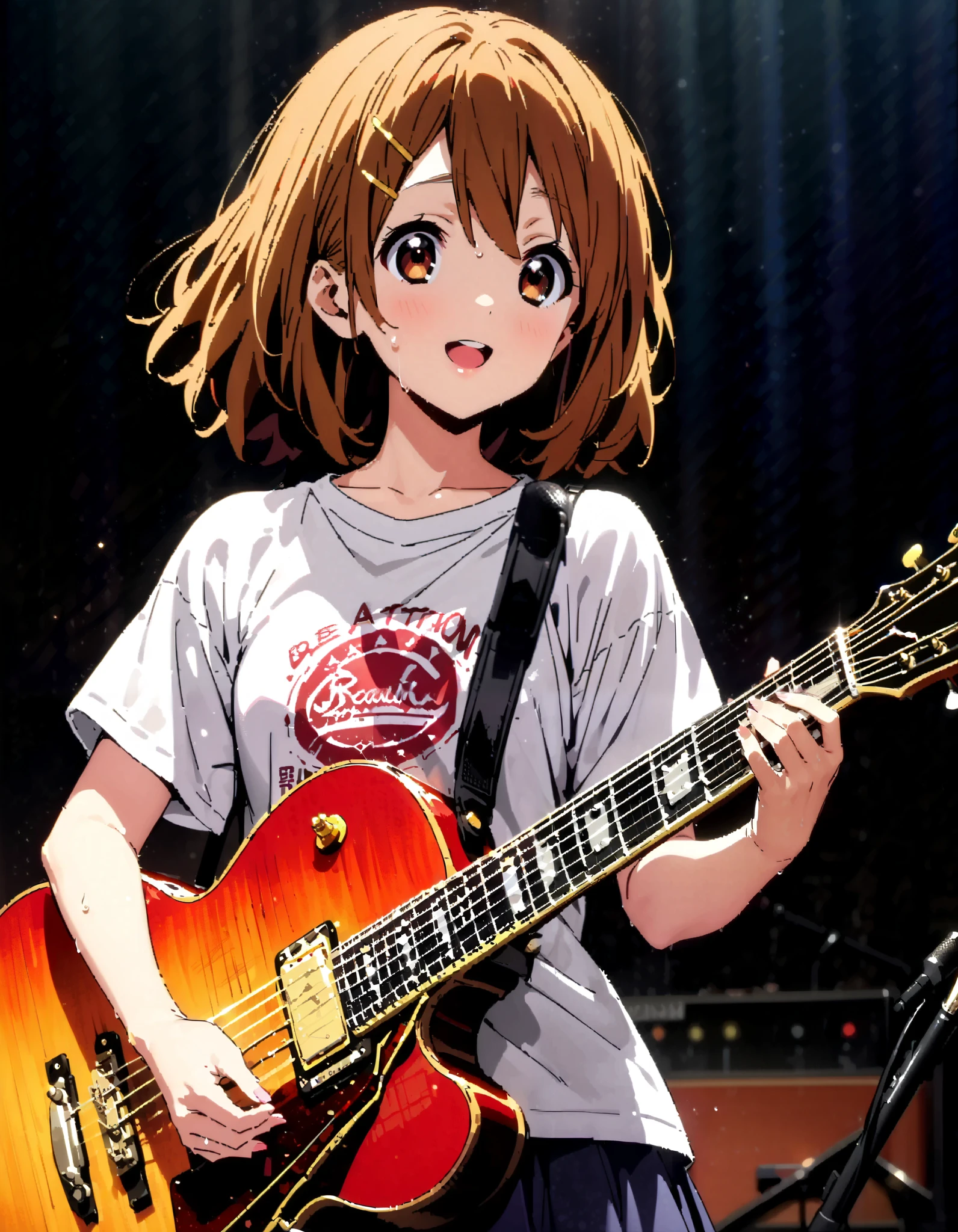 Yui Hirasawa, Yui Hirasawa, brown eyes, Hair, Alone, hair ornament, hair clip, medium hair ,smile, open their mouths, black pantyhose,Playing with a black oversized , t-shirt mini pleated skirt , guitar(Gibson) , Instrument playing, Stage Performance ,Singing in front of the microphone, playing in front of the microphone,sweat,whole bodyがイラストに入るように,
break looking at viewer,whole body,
break indoors, live house,
break (masterpiece:1.2), top quality, high resolution, unity 8k 壁紙 , (shape:0.8), ( attention to beautiful details :1.6), Highly Detailed Face , perfect lighting, highly detailed CG, ( perfect hand, perfect anatomy),