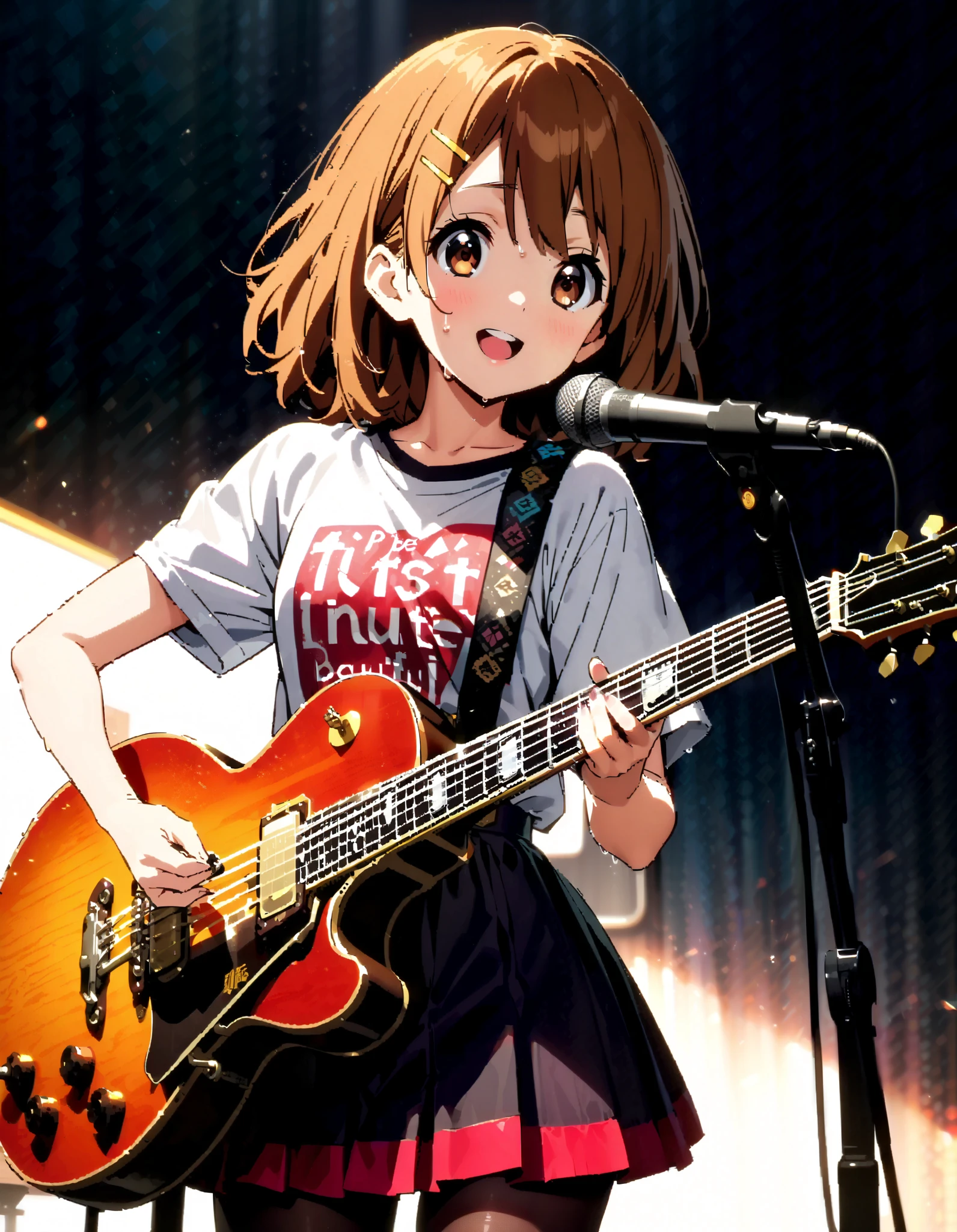Yui Hirasawa, Yui Hirasawa, brown eyes, Hair, Alone, hair ornament, hair clip, medium hair ,smile, open their mouths, black pantyhose,Playing with a black oversized , t-shirt mini pleated skirt , guitar(Gibson) , Instrument playing, Stage Performance ,Singing in front of the microphone, playing in front of the microphone,sweat,whole bodyがイラストに入るように,
break looking at viewer,whole body,
break indoors, live house,
break (masterpiece:1.2), top quality, high resolution, unity 8k 壁紙 , (shape:0.8), ( attention to beautiful details :1.6), Highly Detailed Face , perfect lighting, highly detailed CG, ( perfect hand, perfect anatomy),