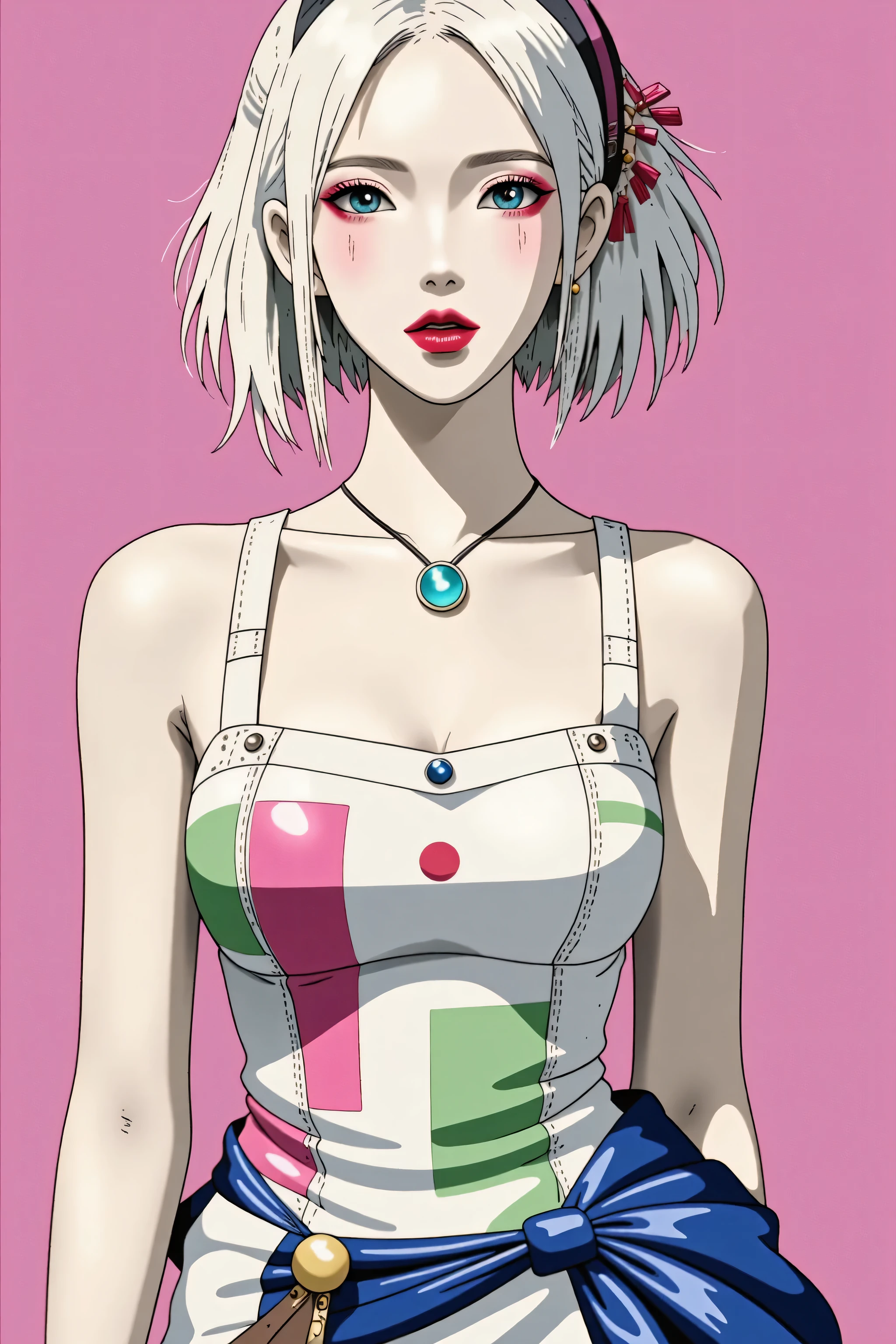 young japanese girl, blonde hair, blushing, Shy, Red lips, cute overload, pale face, sweet, small breasts, best quality, masterpiece, detailed, big expressive blue eyes, Slender、solid pink background, sailor suit, cleavage, slender legs, thigh highs, skinny, tight round butt, Kizi,Highly detailed, Amazing work,Vitreous luster,((clean backdrop)),pinks, blues, yellows,Best quality at best,clean backdrop, shiny skin, heavy blushing, cleavage,