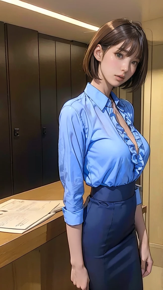 (((nsfw))),(born, highest quality, masterpiece:1.5), (photo-realistic, intricate details:1.2), ultra high resolution, disorganized,
1 girl, beautiful face, blue eyes, green eyes, fine eyes, symmetrical eyes, light shines on your face, blush your nose, short hair, bun hair, black hair tie, 
clacks, (((vest))),((( suit))), (((Lower body naked))), (((white shirt))), silk scarf, [:The 20th, :0.8],
smile, small dimples, suggest something sexual, 
medium breasts, slim waist, slim legs, long legs,
 perfect body, good proportions,
looking at the viewer, (((Pussy))),(((Only the lower body is naked)))
(office, indoor, hyper detailed background:1.2), Japan, Copier, file cabinet, computer, monitor,
shiny skin, realistic skin texture, 
Natural light, best lighting, detailed background, detailed shadow, sharp focus, The depth of the written boundary f/2,
Saturation, high contrast, strong light and shadow