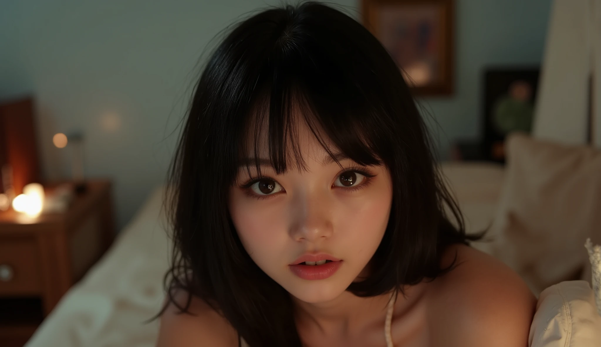 Young , idol,  korean, contato visual, looking on view, ,mirando,  magro , olhos puxados, olhos grandes, franja separada do lado direito, surprised , youthful appearance , light black hair , detalhes eyes, pupil , iris, smiling, grin, Rounded face, youthful appearance , sentada na beira da bed, nudes , vintage aesthetics ,cute face, full lips, long hair, volumoso hair, luz media, luz Environment, schedule :night , reflexos no Environment, Environment focado, looking, Environment:Room, bed, being, objects, leds, 

