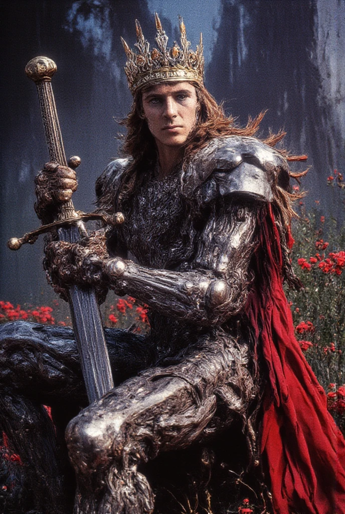 {{Masterpiece, best quality, oil painting, dramatic, male focus, by James Tissot, by Moebius}}, ((((the full body portrait of a 20 year old male cyborg, manly, tall, young, he has silver hair, scarred face, sullen, arrogant, pensive, majestic)))), (((He is covered in blood, wearing cyborg plate armor, with a red diamond shape on his chest))). ((Jungle background, hawk moths flying))