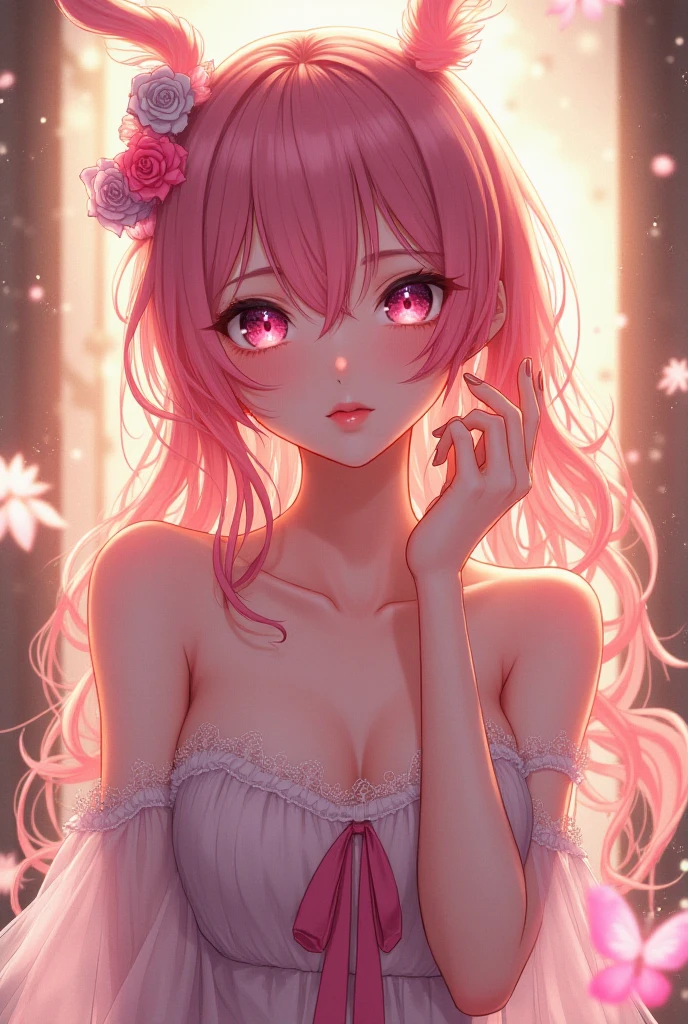 front view, soft and attractive, delicate collarbone, oval face, double eyelids, intelligent peach blossom eyes, pink lips, small nose, closed face, singer, Tokyo, lights, neon, musical notes, stars...
