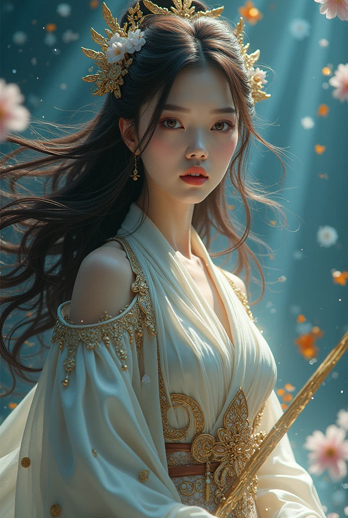masterpiece,Highest quality,Highest quality,Official Art,Beauty and aesthetics:1.2),(masterpiece:1.3), (8k, Realistically, RAW Photos, Highest quality: 1.4), Beautiful Face, (Photorealistic Face),Ultra-high resolution, Ultra-photorealism, Very detailed, Golden Ratio, (Dynamically:1.3),(saturation:1.3),Fantastic outfit, (Attention to detail: 1.9),(Large Breasts),女性magic使い,Luxurious robes,cherry blossoms,Dramatic,(magic:1.8),(Glowing Scepter:1.5),god秘的なシンボル 日本のgod話の女god, Majestic beauty, 創造の女god、生命の女god、Typically、((((Typically))))、Reincarnation Support, god'Grace, Gentle and meditative expressions, Flowing, celestial garments, Shine、Created all the landscapes and worlds on Earth, A dazzling dance of light, Whispers of Ancient Legends,