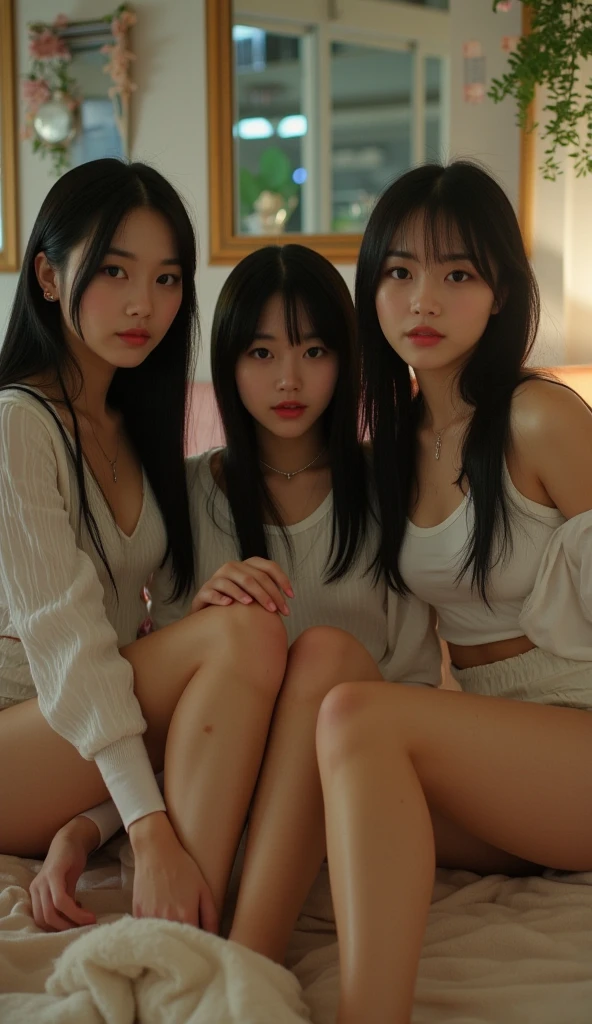 No clothes are worn、3 girls、Show each other nakedness、8K、Realistic、realisitic、Korean female、High school students、校服、fullnude