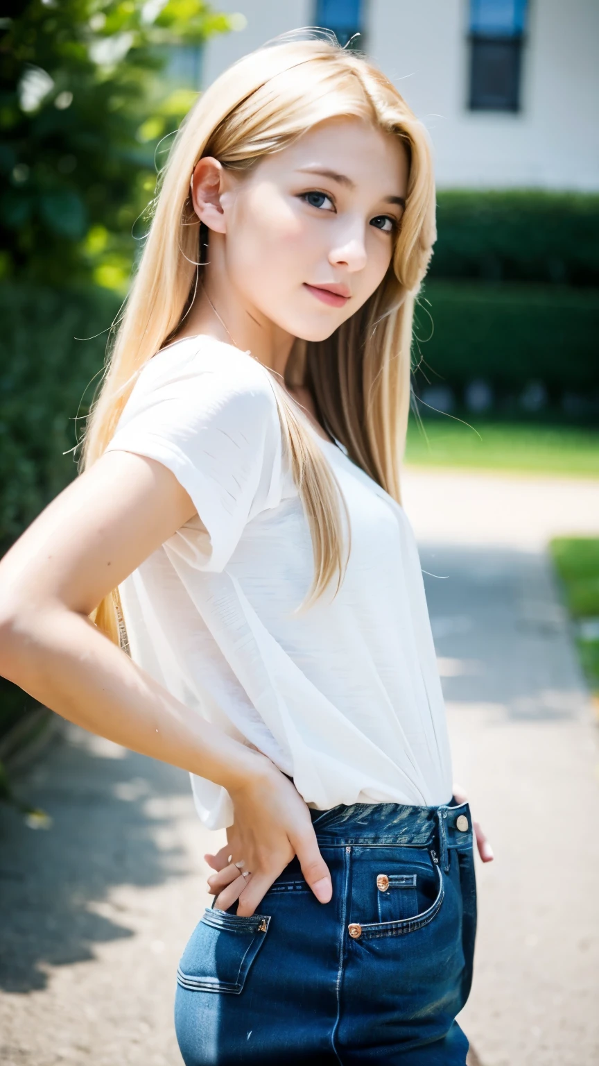 scenario: An urban park on a sunny day, with trees and green lawn in the background.Luisa: Sitting on a park bench with her bass on her lap. She is wearing a simple black t-shirt, comfortable jeans, and tennis. Your platinum hair is loose and flowing in the wind. Luisa está sorrindo para a câmera, conveying a relaxed and friendly vibe.detaileds: next to her, there is an open backpack with sheet music and musical accessories visible. Sunlight softly illuminates the scene, creating a pleasant and relaxing environment.
