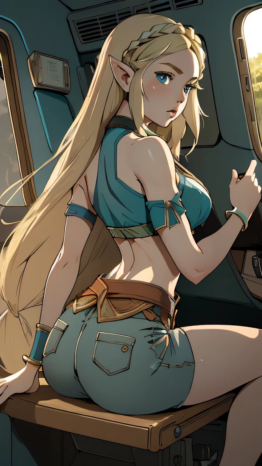 1girl in, 21, princess Zelda, photo of perfect woman, portrait, looking straight at camera, 5'3", Solo, Aesthetic artwork, (blond, straight blonde hair, waist length blond hair:1.25), (clear skin, pale skin, small breasts, B-cup, runners body, very thin waist, skinny, petite, detailed skin texture, (Masterpiece), (shot from behind, up skirt, shocked expression, wide eyes, parted lips, focus on ass:1.2), (arched back, (she is wearing A knitted halter top, teal blue halter top, Daisy Duke shorts), sitting in driver seat of car, seat belt between breasts, seat belt dividing cleavage, (extremely detailed 8k wallpaper), outdoor lighting, high quality, film grain, Fujifilm XT3 sharp focus, f 5.6, 50mm, High Detail, Sharp focus, (natural light), crazy details, complex details, hyper detailed