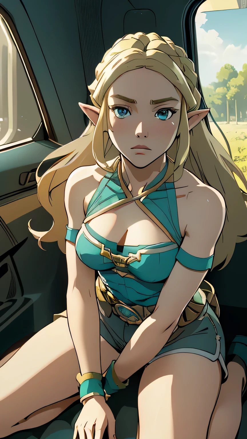 1girl in, 21, princess Zelda, photo of perfect woman, portrait, looking straight at camera, 5'3", Solo, Aesthetic artwork, (blond, straight blonde hair, waist length blond hair:1.25), (clear skin, pale skin, small breasts, B-cup, runners body, very thin waist, skinny, petite, detailed skin texture, (Masterpiece), (kneeling down before master, splits kneeling, legs apart), looking up at pov, sad expression, pleading, overhead perspective), (cleavage, focus on breasts:1.2), (arched back, (she is wearing A knitted halter top, teal blue halter top, Daisy Duke shorts), sitting in driver seat of car, seat belt between breasts, seat belt dividing cleavage, (extremely detailed 8k wallpaper), outdoor lighting, high quality, film grain, Fujifilm XT3 sharp focus, f 5.6, 50mm, High Detail, Sharp focus, (natural light), crazy details, complex details, hyper detailed