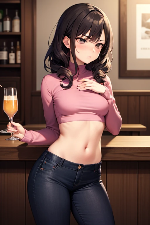 super fine illustration, vibrant colors, masterpiece, sharp focus, best quality, depth of field, cinematic lighting, ultra detailed, crop top , long sleeves, slim pants, navel,  tummy, 1 woman, solo, milf, slender, full face blush, annoyed, mature female, tall woman, looking down, dark hair, long hair, annoyed, curly hair, pink shirt, stomach, small breasts, indoors, bar