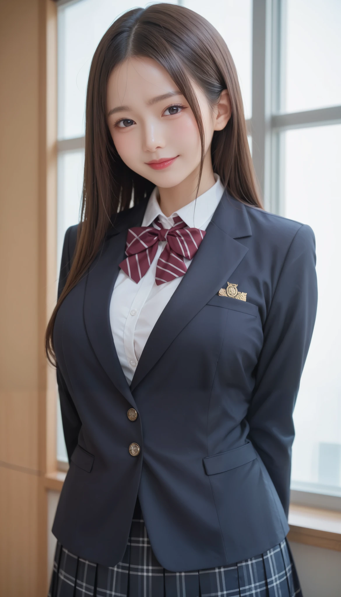 expensiveest quality, masterpiece, ultra expensive resolution, (realistic:1.4), 20-year-old,1 girl,Super expensive quality,8K,thinウエスト,thin脚,thin and beautiful arms,beautiful fingers,Sale eye makeup,thin,Medium chest,soft chest,(((High school bicycle storage))),many students and bicycles,expensive ,Blazer uniform and ribbon miniskirt,after school gathering,((ponytail and hair tie)),((Bangs short hair)),realistic,picture media chest)),((toothy smile)),((big smile))