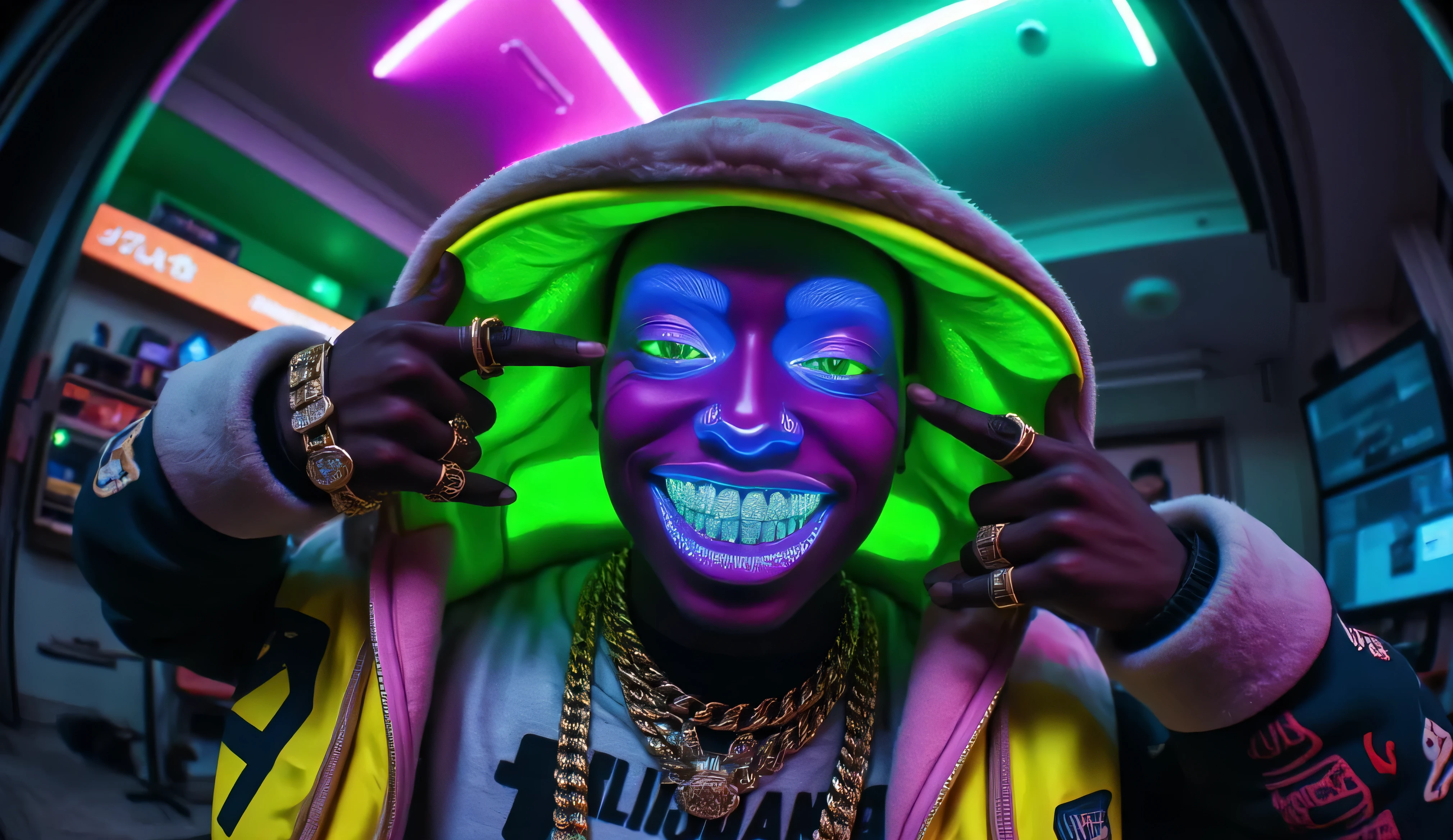 gr!llz, persin Nztykle in the style of Jed-clrfl , Ebony character enveloped in intense thick colored energy.The character has luminous peacock color skin, wearing a fur bubble jacket with shirt underneath with bold text that says "Talijuano", bold gold chain aesthetic_pos3, Their face is obscured by the overwhelming thick glow::7.2 , large anime energy aura size 6 inches from body emphasizing the sheer power they are unleashing::6.4 .smiling into the camera, fish eye lens realistic photograph with a wide smile, its teeth are encrusted with shiny platinum diamonds.