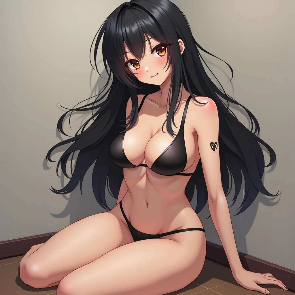 (Long Black Hair:1.5) (Girl with flat chest:1.5) (short bangs:1.5) (well-groomed hair:1.5) (flat breast:1.5) (small tits:1.5) (Black sexy bra:1.5) (Black sexy panties:1.5) (Standing facing the front:1.5) (Standing picture:1.5) (white backgrounid:1.5)