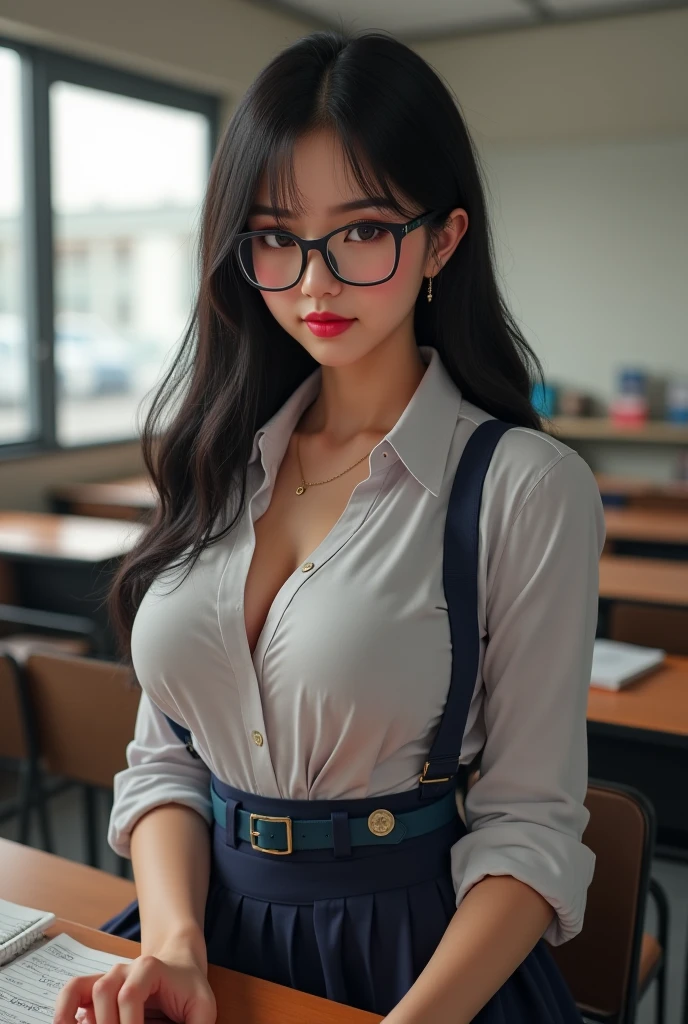 Woman, 30 years, adult, glasses, hot teacher in classroom, nsfw, sensuality, red lips, nigth, soft ligth, face detail, (black skirt) , from above, cinematiclighting, fingers --style realistic-imagine -