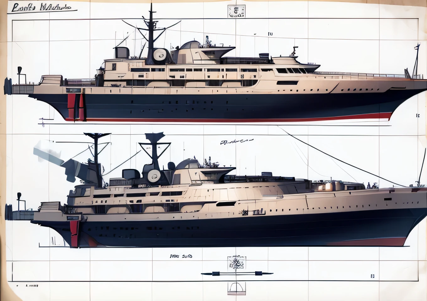 diesel war boat blueprint, three view, concept sketch blueprint,masterpiece, best quality ,high resolution