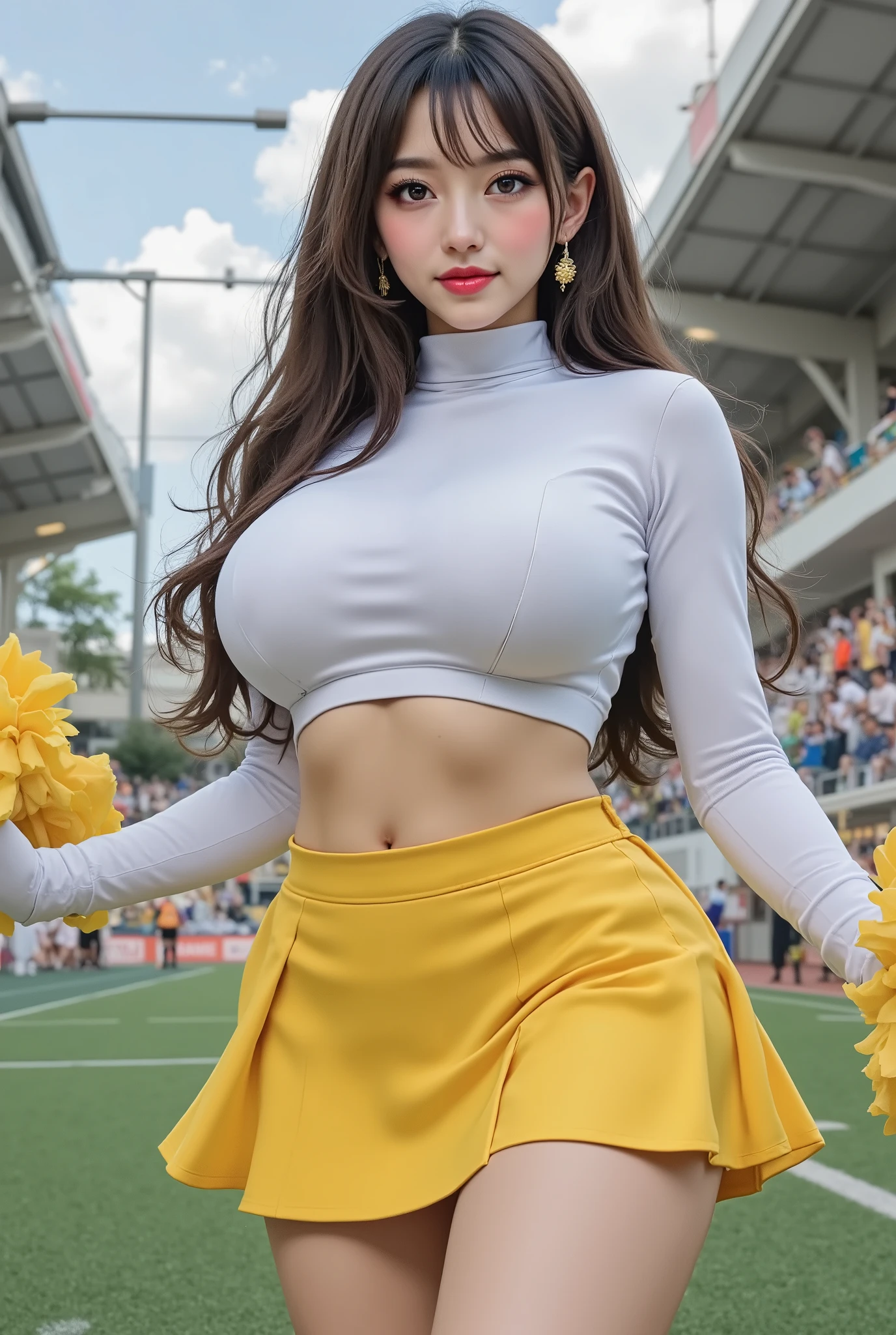 (16k、 RAW photos , top quality, masterpiece)、(Actual photo)、( realistic pictures)、 Learn more, beautiful eyes, very detailed and beautiful , amazing details 、 BEAUTY WITH PERFECT BODY 、 real face, the face is detailed down to the smallest detail、Light blue hair、Curly Hair、 long hair、Beautiful older sister、 cute beauty with perfect body 、 glowing skin、 glossy lips、 high resolution face and skin texture 、 detailed eyes 、double eyelids、Eyes are black、Blue eyes、 has bangs、((( full body angle :2.0)))、cheerleading cosplay、White costume、 yellow miniskirt :1.2、 fluttering miniskirt 、Holding a pompom、Soccer venue