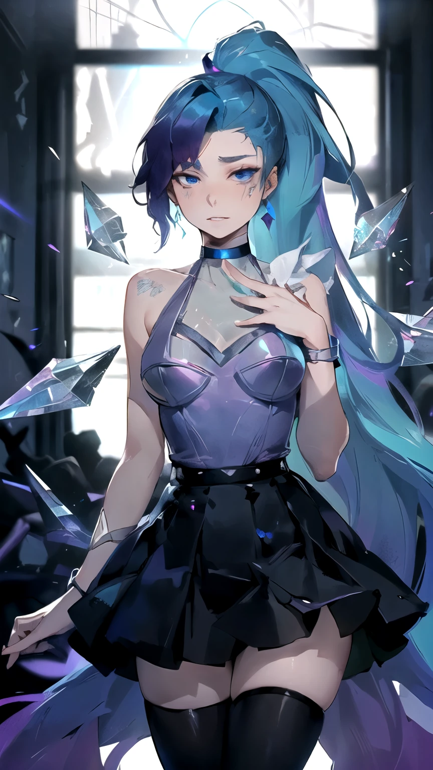 ((masterpiece,best quality)), { ratatatat74_artstyle_LoRA(1.2( : Manga_Style } {horror_edit} {horror_edit : creepy_room_aura} } { :(seraphine1solo, blue hair, k/da \(league of legends\), very long hair, multicolored hair, jewelry, ponytail, blue eyes, earrings, two-tone hair, purple hair ) , perfectly_shape_breast : perfectly_slender_body } { , dress, black choker, , black thighhighs, bracelet, black skirt, crystal } {standing : obedient : } { no_emotion : hypnotic_eyes : hypnotized_eyes : lazy_eyes} { sweating : : } { : dark room : }