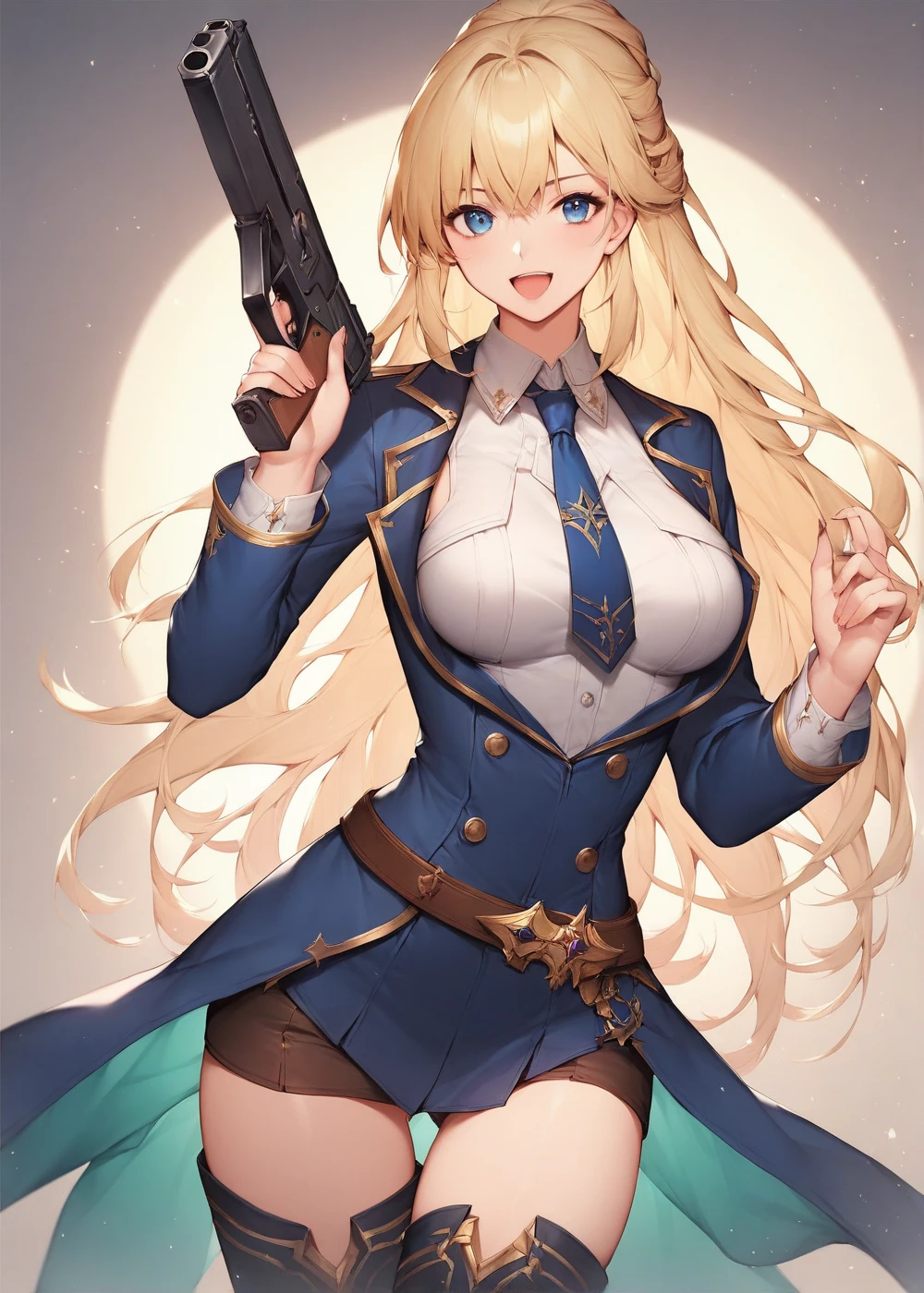 beautiful , Saint-Germain, 1girl , Alone, long hair, blue eyes, pants, bangs, thighhighs, thigh boots, belt, necktie, breasts, half updo, Greenish White, Viewers' viewing , Malicious Expression , malicious laugh, Hold a gun