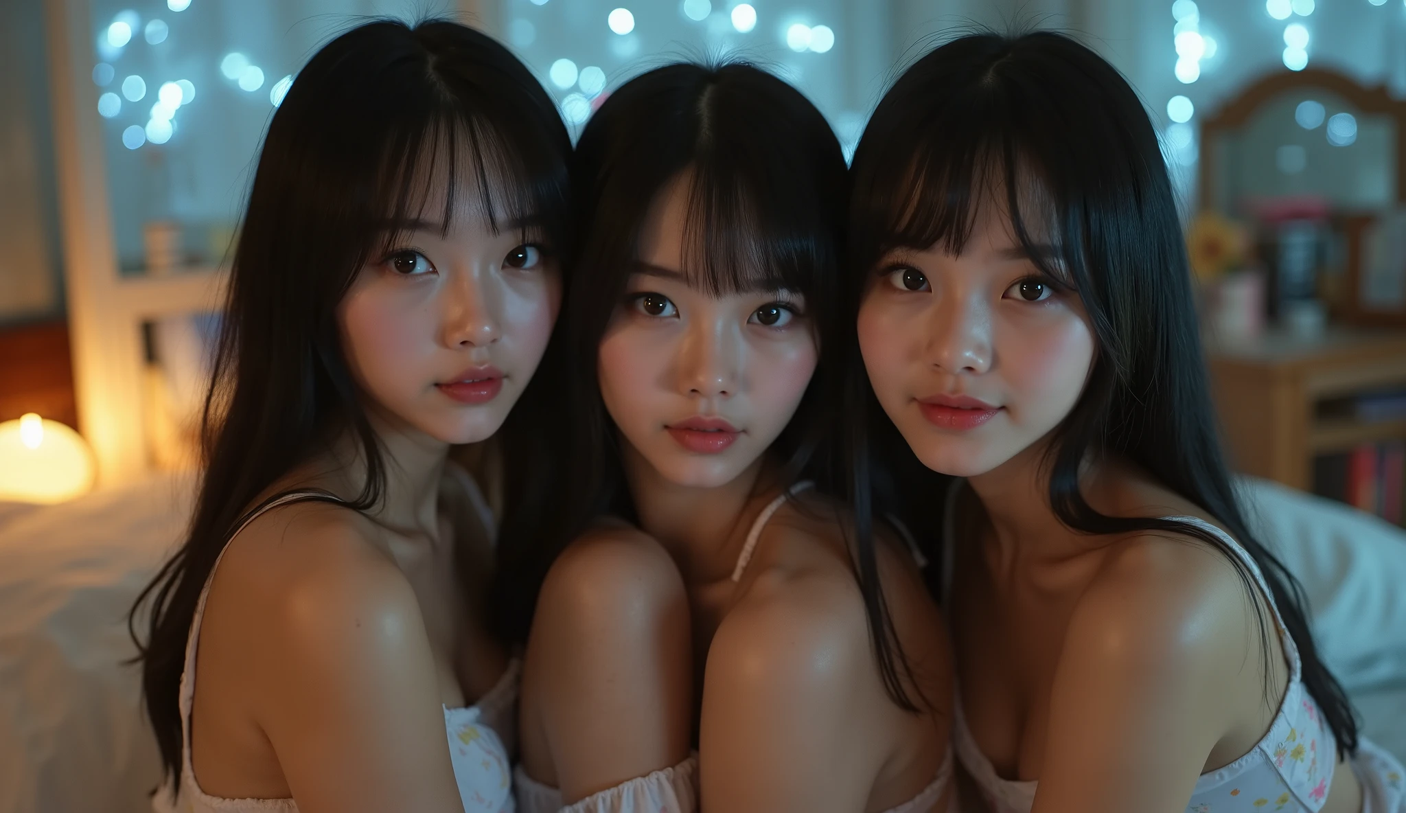 yung, 3 garotas, 3 irmas, selfie, s, korean, idol, magro , olhos puxados, olhos grandes, franja separada do lado direito , youthful appearance , light black hair , detalhes eyes, pupil , iris, smiling, grin, Rounded face, youthful appearance , sentada na beira da bed, nudes , vintage aesthetics ,cute face, full lips, long hair, volumoso hair, luz media, luz Environment, schedule :night , reflexos no Environment, Environment focado, looking, Environment:Room, bed, being, objects, leds, olhos revirados, possuida