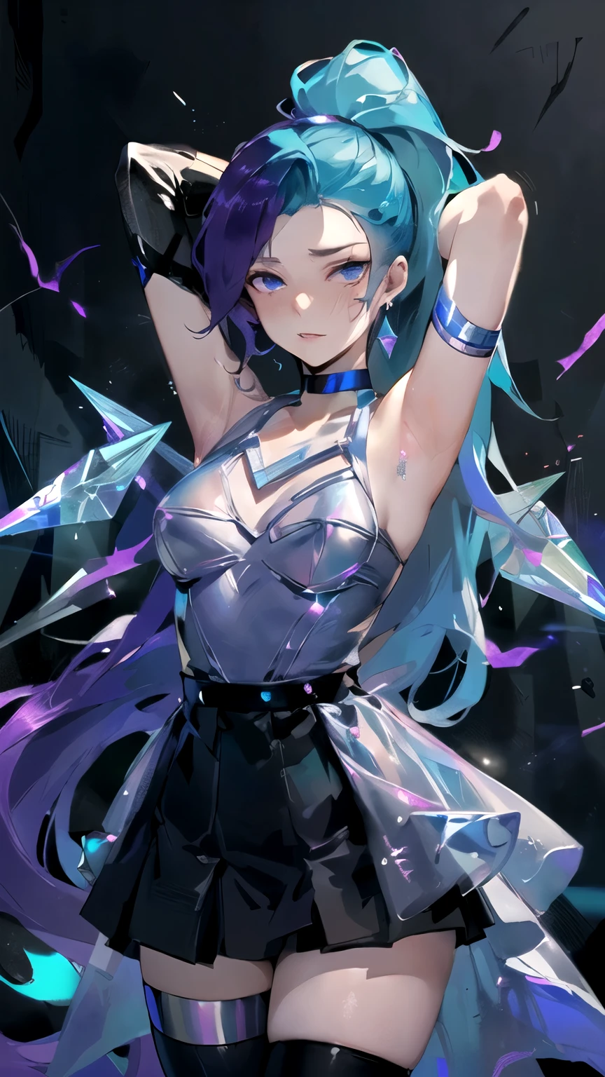 ((masterpiece,best quality)), { ratatatat74_artstyle_LoRA(1.2( : Manga_Style } {horror_edit} {horror_edit : creepy_room_aura} } { :(seraphine1solo, blue hair, k/da \(league of legends\), very long hair, multicolored hair, jewelry, ponytail, blue eyes, earrings, two-tone hair, purple hair ) , perfectly_shape_breast : perfectly_slender_body } { , dress, black choker, , black thighhighs, bracelet, black skirt, crystal } {standing : obedient : } { no_emotion : hypnotic_eyes : hypnotized_eyes : lazy_eyes} { sweating : :arms_behind_head } { : dark room : }