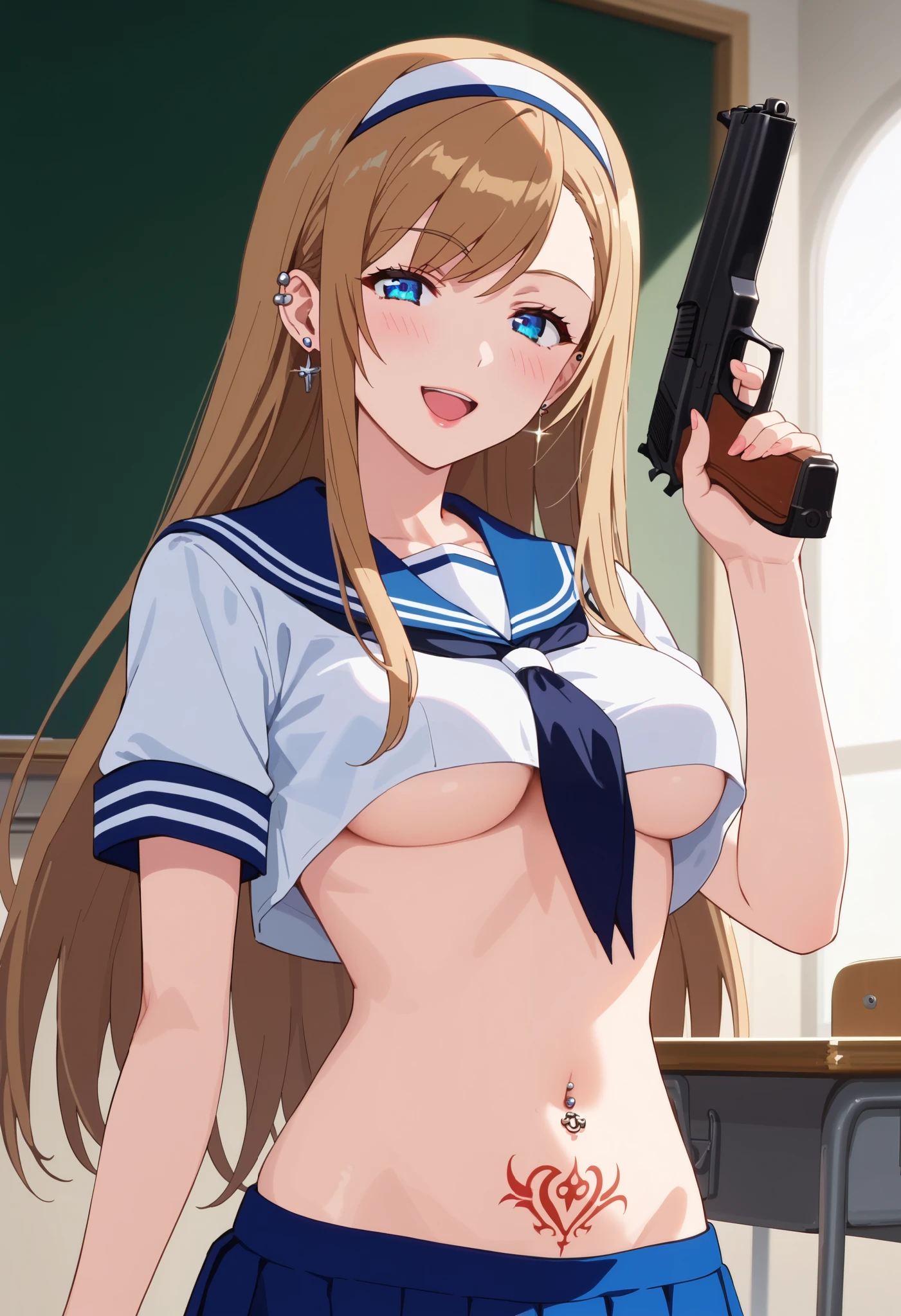 ,retro artstyle,solo,1girl,maron,(blue eyes, blonde hair, blunt bangs), medium breasts , long hair, blush, lipstick, jewelry, earrings, Hot girl, baddie, mean girl, sensual, attractive, masterpiece, best quality, highly detailed, a anime girls in sailor uniforms with a gun posing for a picture,
evil smile, smile, open mouth,black_serafuku, ecchi anime style, anime girls , (nsfw) not safe for work,
ecchi style, ecchi, shipgirls, digital anime art!!, high school girls, holding a gun, hold a gun, anime style 4
k, micro skirt, exposed belly, exposed navel, exposed midriff, holding pistol,underboob,
exposed lower belly,school, classroom, navel piercing