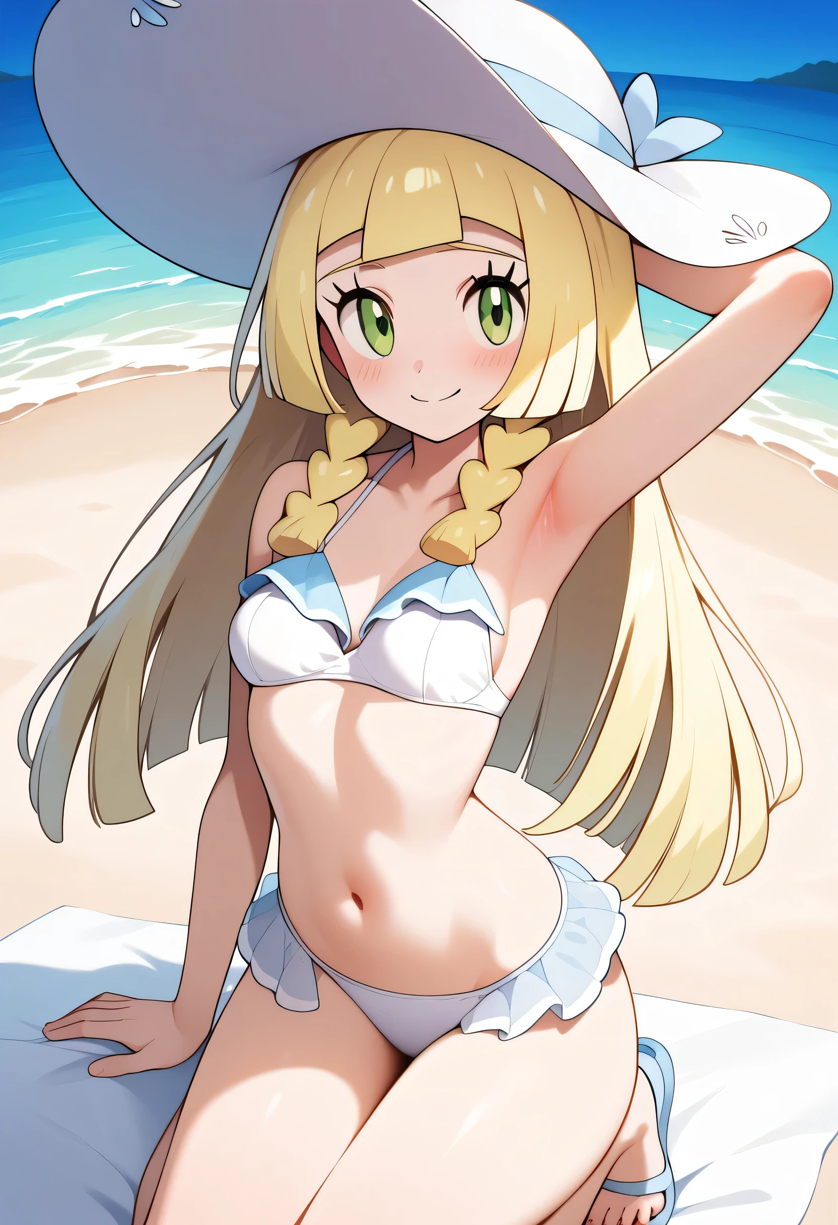 ((8k, top quality, masterpiece: 1.3)),best quality, ultra high res,score_9, score_8_up, score_7_up, score_6_up, score_5_up, score_4_up, source_anime, lillie, long hair, blonde hair, green eyes, Cute bikini,navel,Beach , standing, medium breast, smile, frilled bikini,Arm up, armpit, embarrassing, sun hat, white headwear, looking at viewer,White bikini, on knees , on knees on a towel, taking the sun