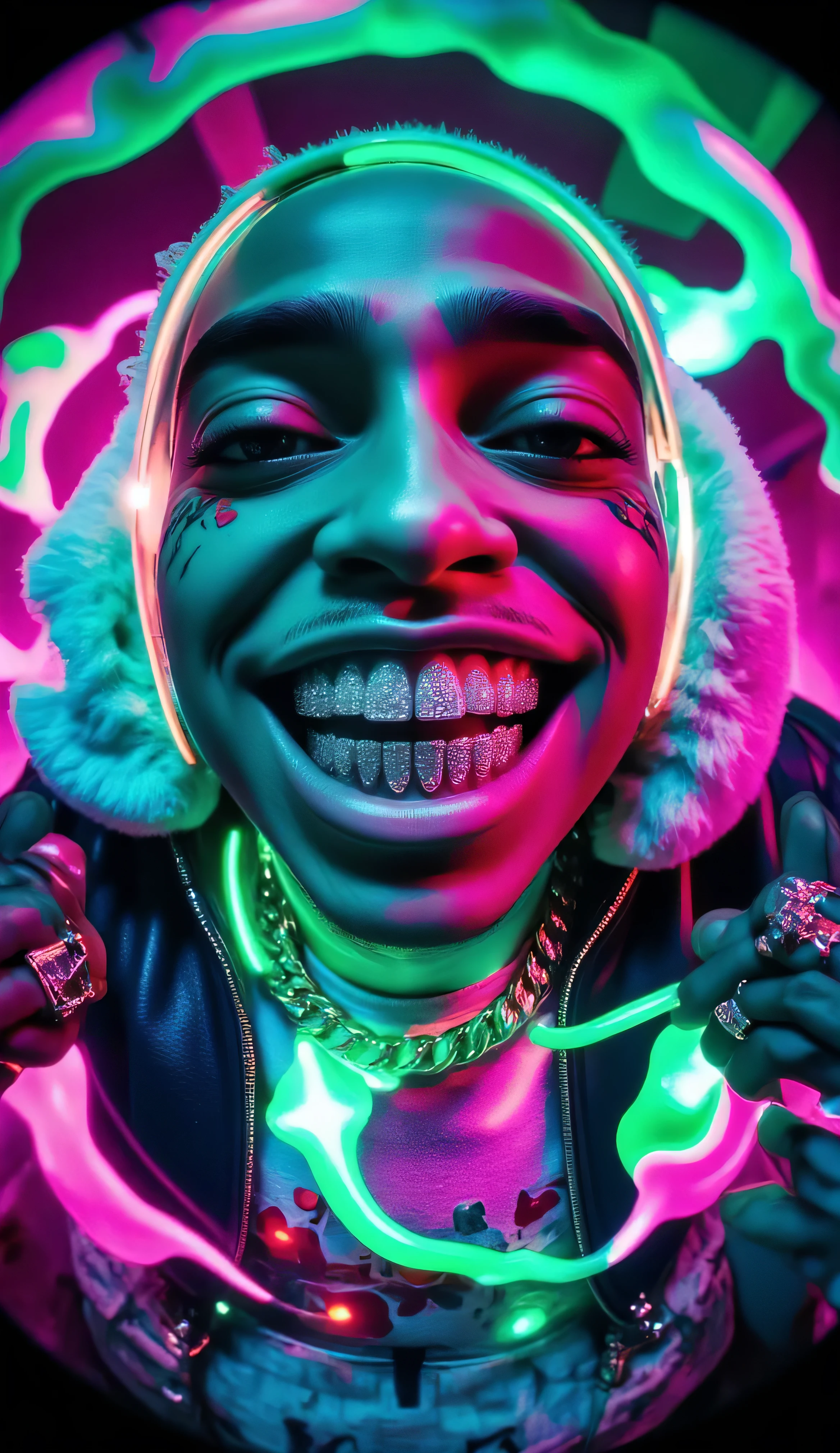 gr!llz, persin Nztykle in the style of Jed-clrfl , Ebony character enveloped in intense thick colored energy.The character has luminous peacock color skin, wearing a fur bubble jacket with shirt underneath with bold text that says "Talijuano", bold gold chain aesthetic_pos3, Their face is obscured by the overwhelming thick glow::7.2 , large anime energy aura size 6 inches from body emphasizing the sheer power they are unleashing::6.4 .smiling into the camera, fish eye lens realistic photograph with a wide smile, its teeth are encrusted with shiny platinum diamonds.