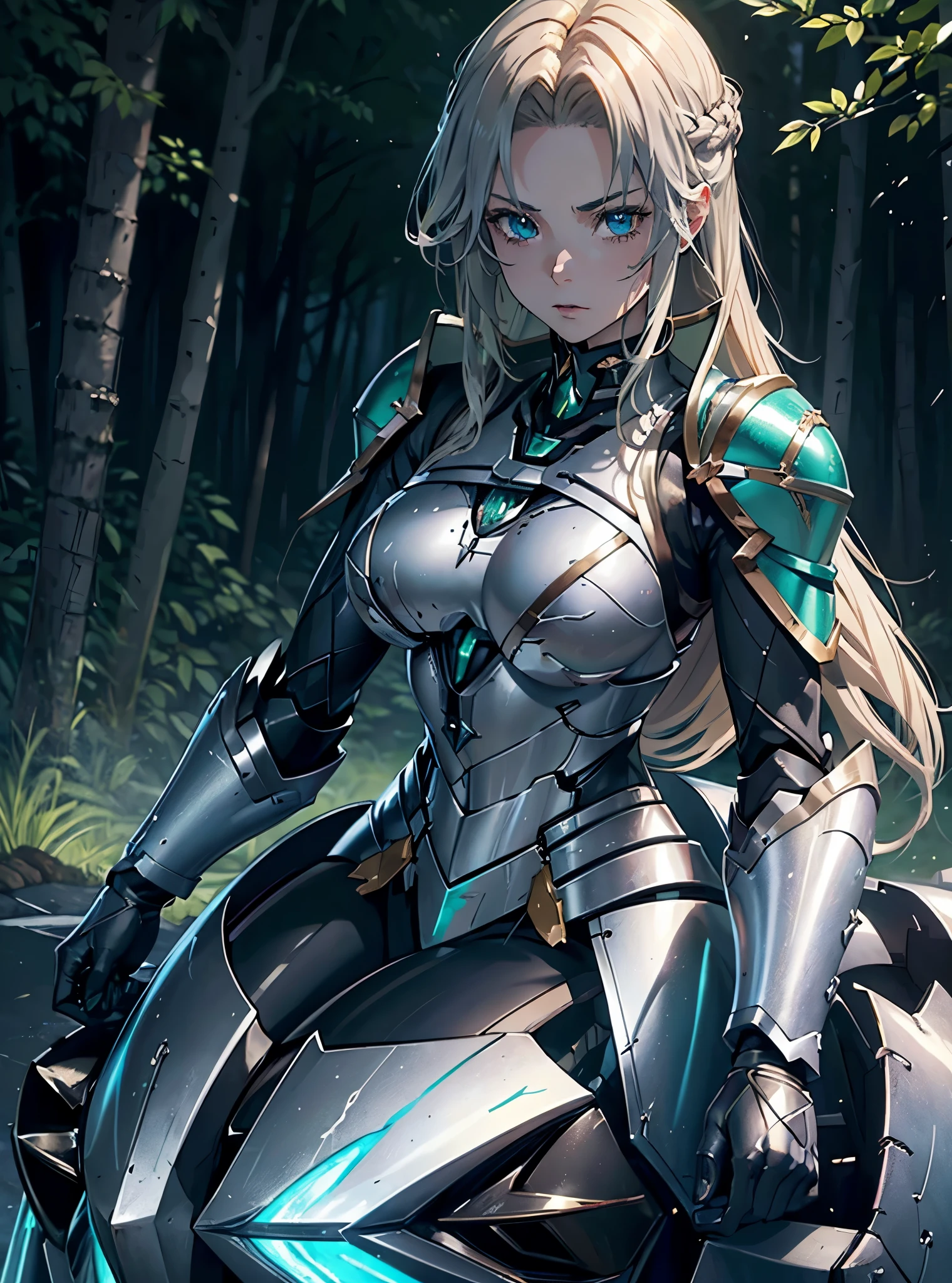 (DARK FANTASY COLORING, DARK COLOR PALETTE, SORROW LIGHTING, 8K DETAIL QUALITY))
((masterpiece, best quality, uhd, detailed, detailed eyes)), (1girl, anime girl in the drenched forest, misty),(mature), (solo, upper body, half body, portraits), (female focus, blue eyes girl, calm), (blonde hair, long hair, middle parted bangs, hime hair cut),[[BLUE EYES]], ((green armor, silver breastplate, mecha armor divine looks)), pale skin, close up, upper body.
