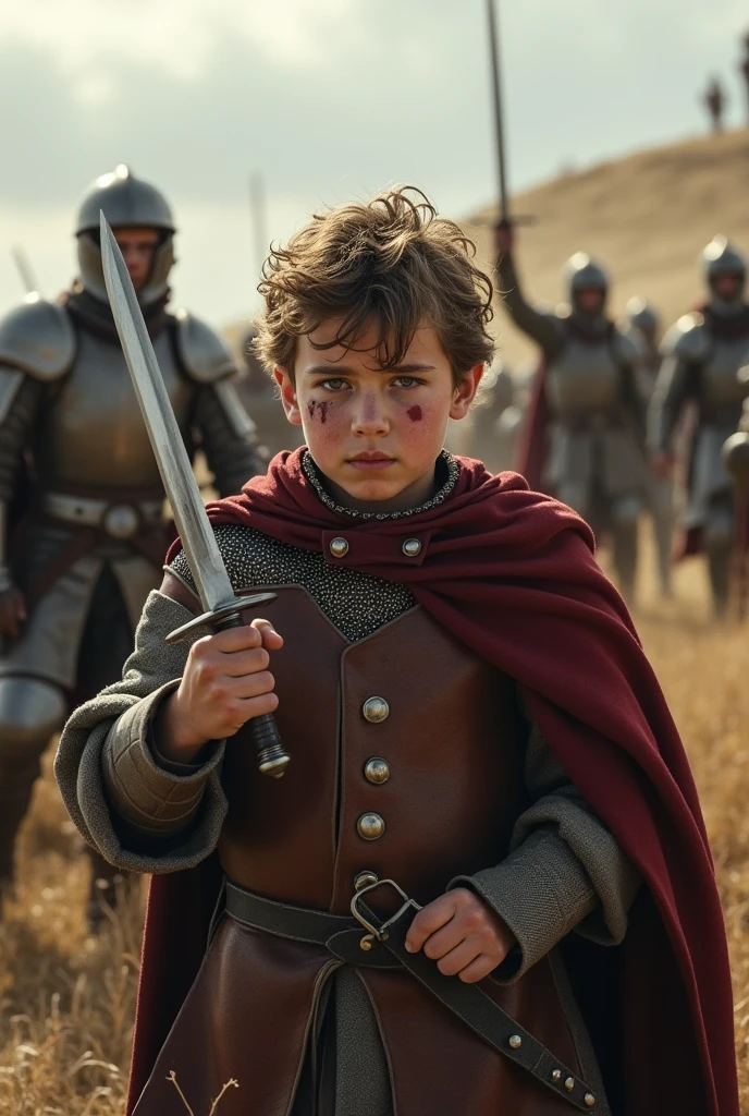 A highly realistic, high-contrast, 8K HD, detailed, hyper-detailed image of a young child dressed in traditional medieval attire, walking alone across a battlefield. The child, shown in the provided image, wears the same intricate clothing with a serious expression, moving carefully through the remnants of battle. The ground around the child is littered with the aftermath of combat—scattered weapons, fallen soldiers, and debris—creating a stark contrast with the innocence of the child. The atmosphere is somber and intense, capturing the juxtaposition of innocence against the harsh reality of war. The image is of the highest quality, with ultra-high resolution, RAW photo quality, and Unreal Engine rendering, showcasing the haunting scene as the child navigates the battlefield, unaware of the dangers surrounding him.
