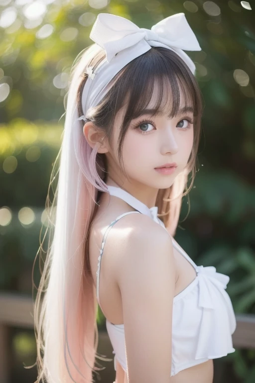 --- The image depicts a beautiful Japanese girl.。Her characteristics are、With beautiful long hair in a mix of pale pink and blue hues、Large, clear eyes。The background is simple and based on white.、Highlights her beauty。

The beautiful girl is wearing a shiny white outfit that feels like thin silk.。This costume is、Reflects soft light to create rainbow highlights、It creates a fantastic atmosphere。Her pose is facing forward、The characteristic of this figure is that she is looking at the camera with her head slightly bowed.。hereby、Her delicate and fragile expression is emphasized.。

As a photographic technique、The handling of light is very skillful、The soft focus effect is used to create a soft impression.。Also、The contrast between light and shadow is subtle、The overall result is a super-realistic, photo-realistic finish with a soft and smooth texture.。The vertical composition captures her whole figure.、It enhances the presence of a beautiful girl.。