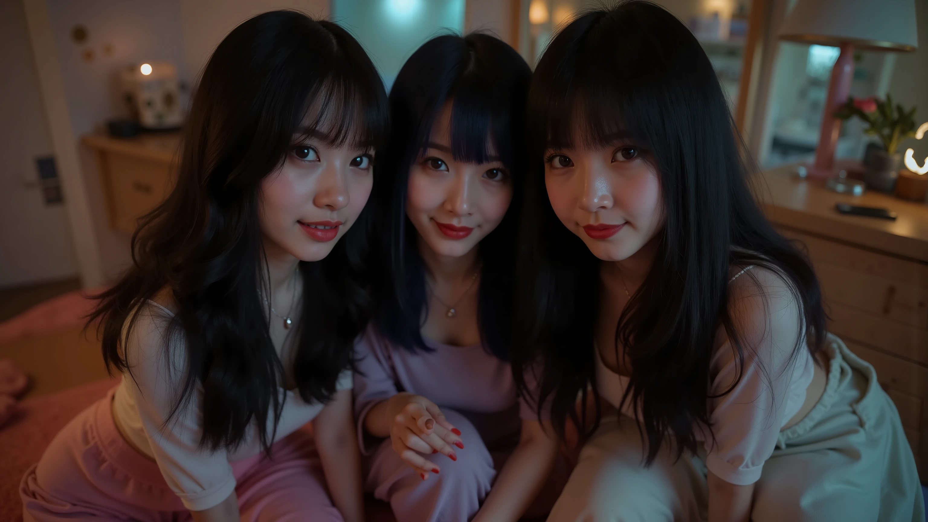 yung, 3 garotas, 3 irmas, selfie, s, korean, idol, magro , olhos puxados, olhos grandes, franja separada do lado direito , youthful appearance , light black hair , detalhes eyes, pupil , iris, smiling, grin, Rounded face, youthful appearance , sentada na beira da bed, nudes , vintage aesthetics ,cute face, full lips, long hair, volumoso hair, luz media, luz Environment, schedule :night , reflexos no Environment, Environment focado, looking, Environment:Room, bed, being, objects, leds, olhos revirados, possuida
