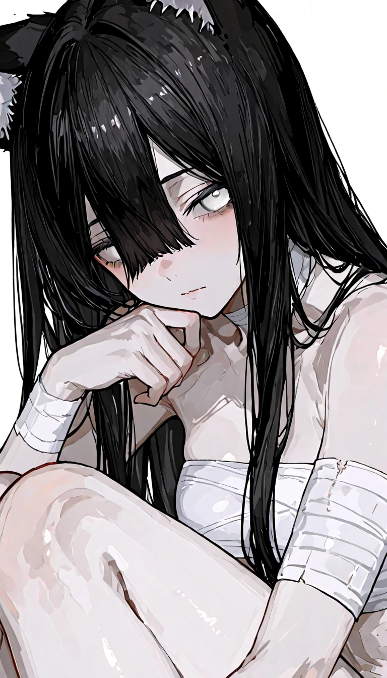 girl with long black hair, black eyes, emotionless face, straight body, wearing a black tank top, white shorts with black stripes and long black socks and very white skin