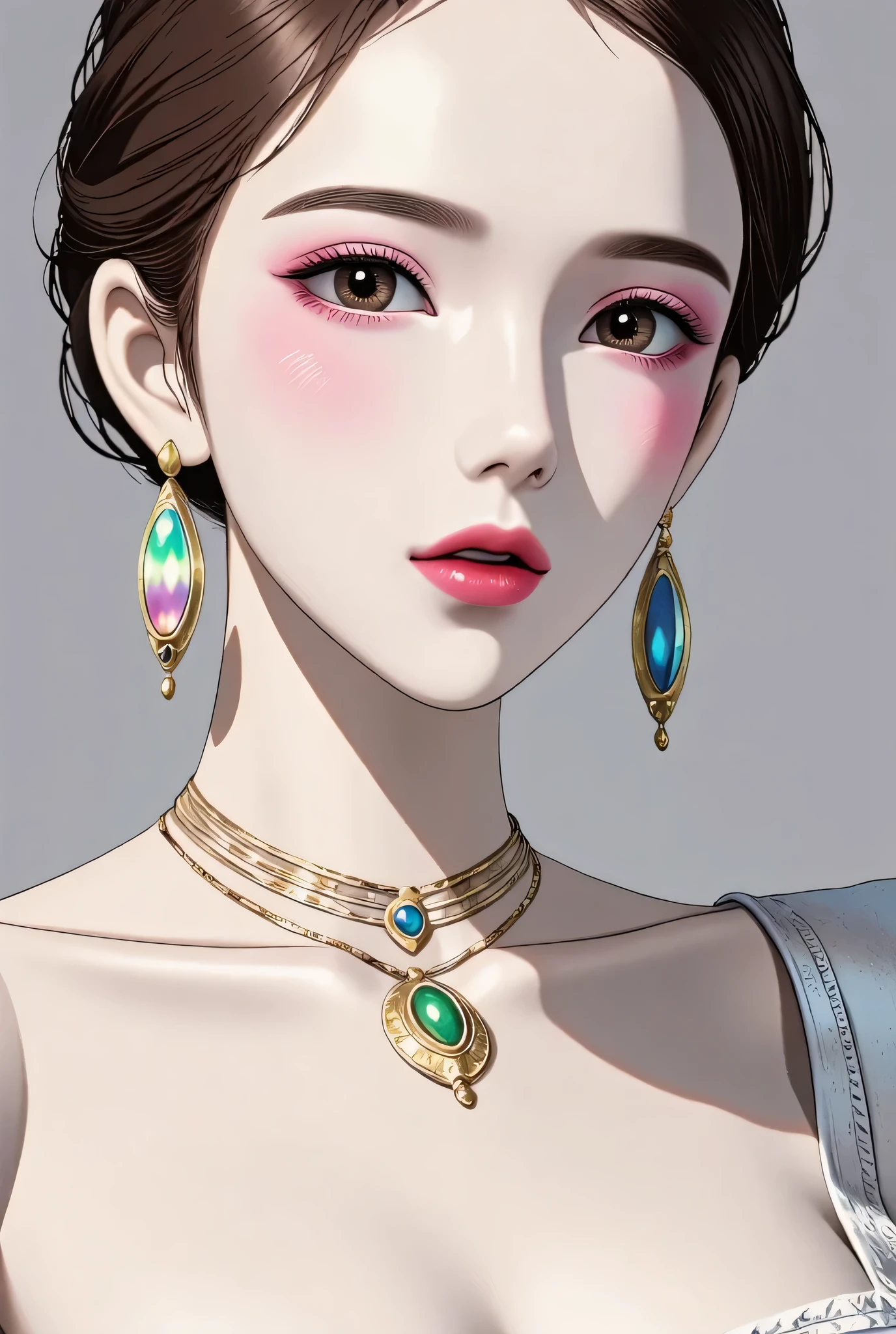 80’s glam rock makeup on shiny face, asian girl, anime, 2.5D, moody lighting, (green, pink, gold), pretty, sexy, minimal, sleek, slender, asian, elegant, futuristic, retro, sophisticated half human half machine, mouth open wide, Kizi,(eyes looking off to side), Highly detailed, Amazing work,Vitreous luster, blues, yellows, Best quality at best,shiny skin, no background, colorful background, green background, pink background, gold, background, plunging neckline, sexy pose, dynamic pose, heavy blushing, huge breasts,