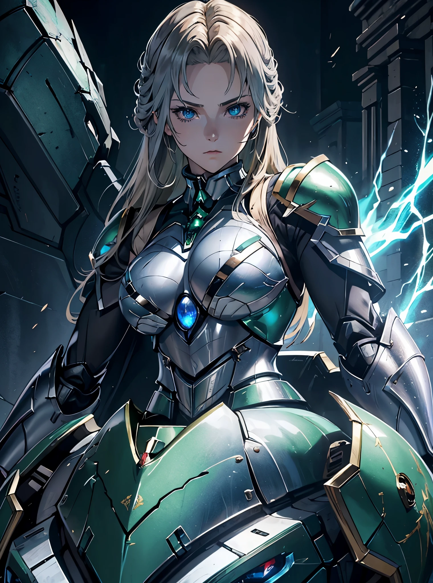 (DARK FANTASY COLORING, DARK COLOR PALETTE, SORROW LIGHTING, 8K DETAIL QUALITY))
((masterpiece, best quality, uhd, detailed, detailed eyes)), (1girl, anime girl in the mansion hall),(mature), (solo, upper body, half body, portraits), (female focus, blue eyes girl, calm), (blonde hair, long hair, middle parted bangs, hime hair cut),[[BLUE EYES]], ((green armor, silver breastplate, mecha armor divine looks)), pale skin, close up, upper body.