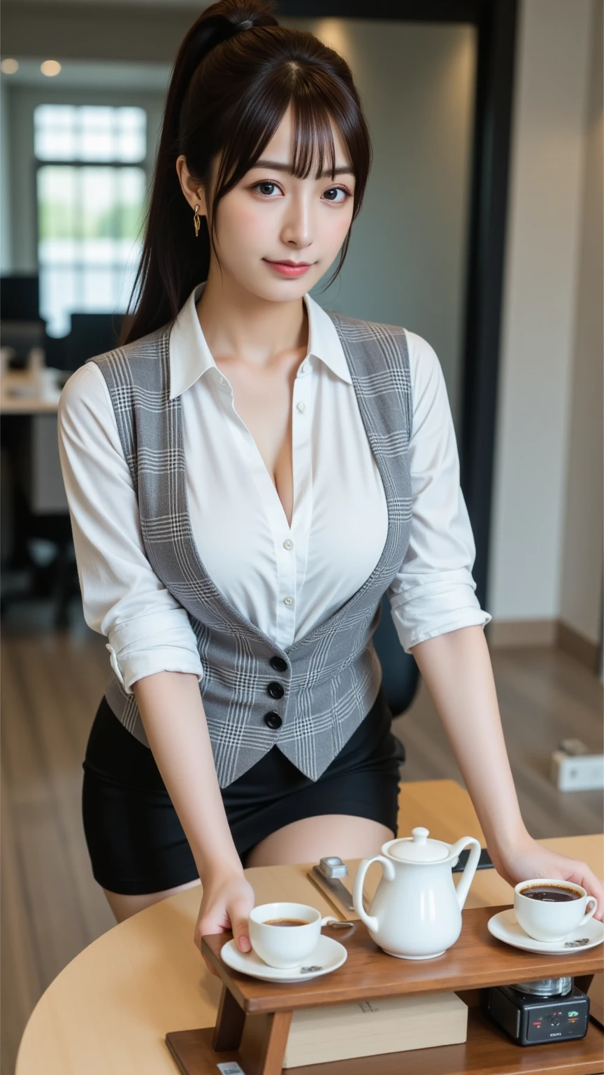 top-quality、Top image quality、masterpiece、fully body photo、25 years old women, 、Dark brown wavy middle hair、bangss、((White Coat of Doctor、Long sleeve white shirt with collar、Black Pencil Skirt、Stockings、stethoscope、I have a stethoscope、Kamimei))、 ((no-bra、Puffy nipple、chest is completely visible、Visible))、Sexy pink panties、soft boob、breasts of medium size,、high-heels、a necklace、耳环。 cute smile face、Sit in a chair and look up、((rub one's breasts、Touching the crotch))