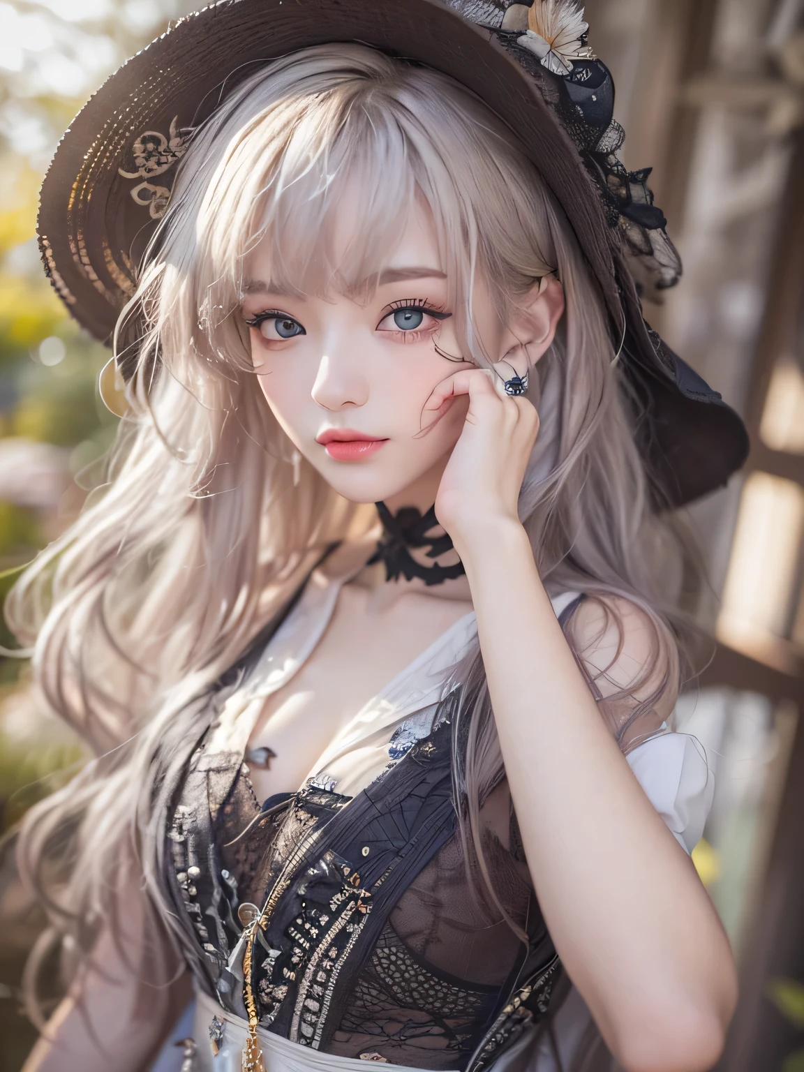 (masterpiece), (Artwork), (great work), (Fine grain), (Delicate skin), (heterochromatic eyes), (Multicolor), (Short white hair with bangs), (Sparkling eyes), (One girl) Wearing a witch hat, Ancient, old, Dressed in gorgeous medieval costume, masterpiece, highest quality, Best Designer, Best illustrations