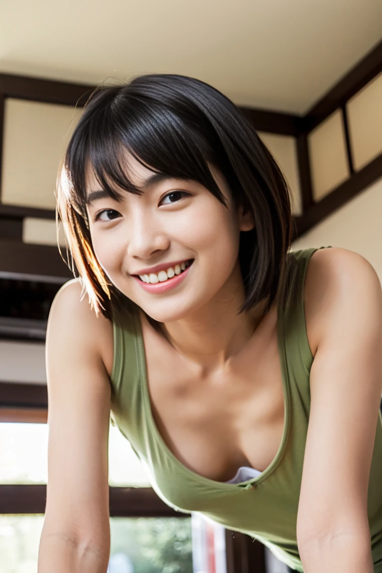 (Highest quality,masterpiece:1.3,Ultra-high resolution),(Very detailed,Caustics,8K), (Realistic:1.4, RAW shooting),(A city shrouded in mystery, Dense teeth), Sunlight shining through ,Light pours down,26 years old,cute,Are standing,(smile),Looking into the camera,Short black hair,(Green Dress), (Bust up shot),(Low position),(Low Angle),Natural light, ((Let's create 100 images by dividing the image we just created by 60.))