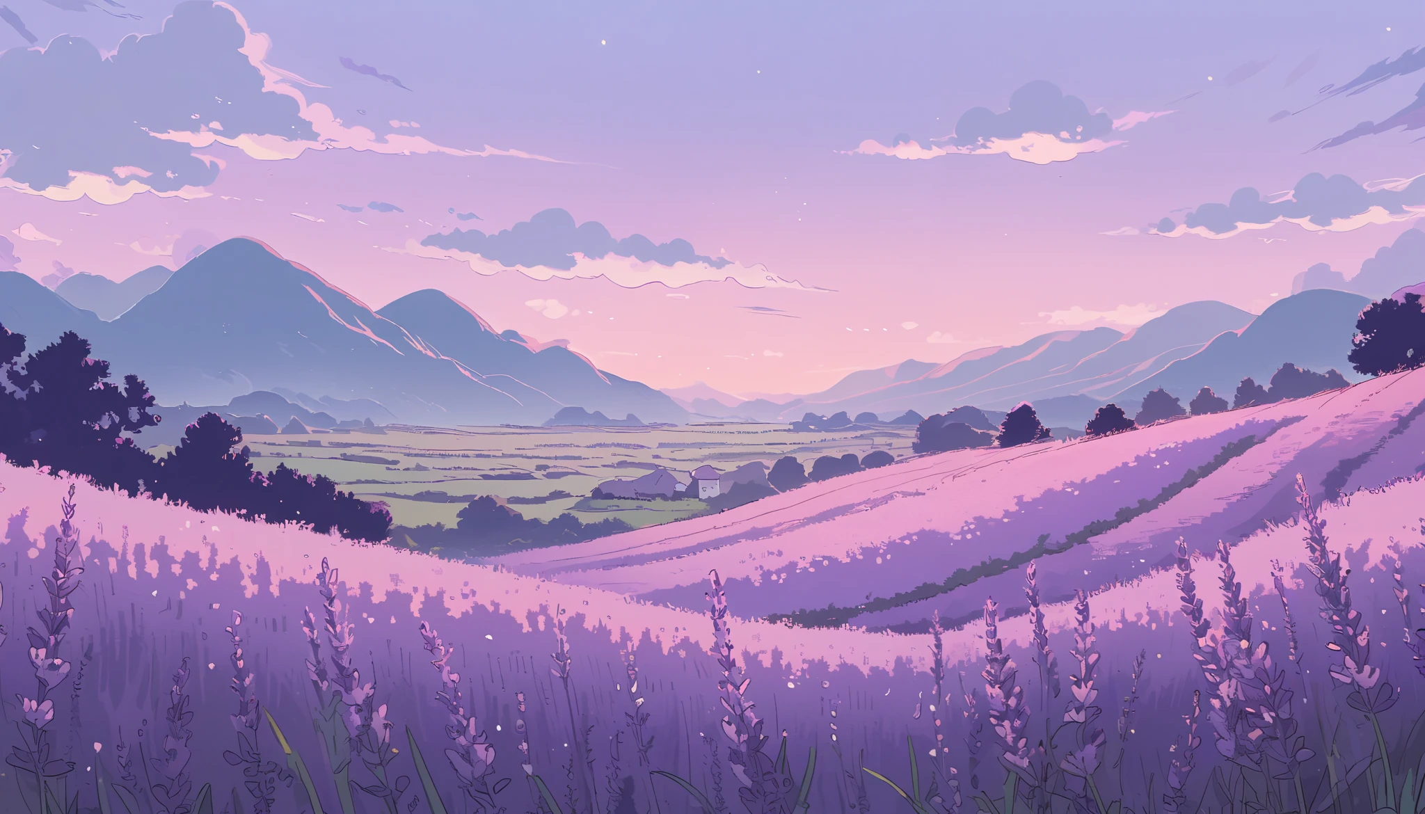 LAVENDER landscape , Pastel Purple Colors ,,Ghibli style ,Lofi ,cute ,Cozy , Landscape Wide Field