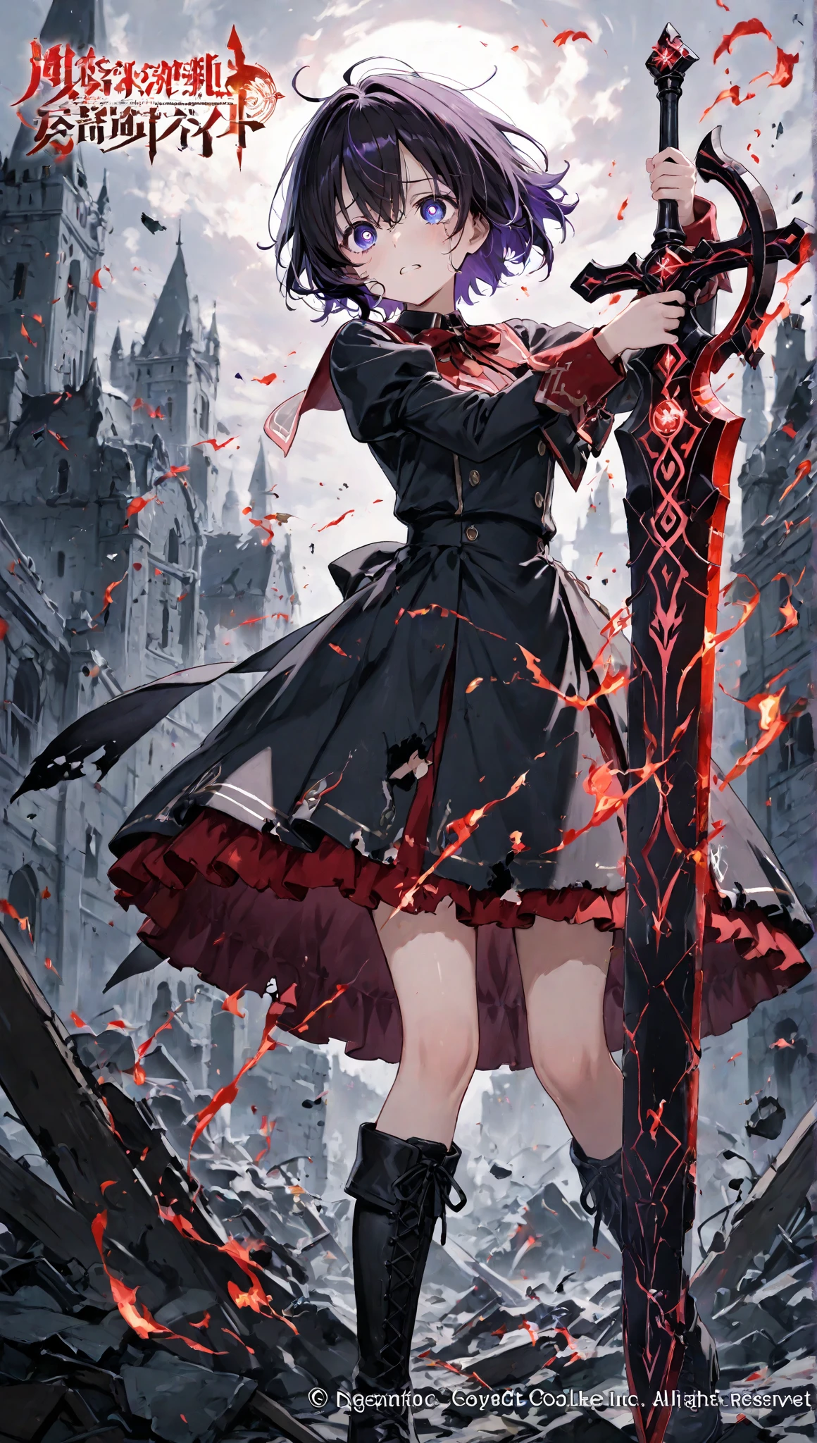Beautiful girl,messy short hair color black, Violet eyes,expression would be,elegant uniform with semi-armoured skirt,red and black color, boots, holding a demonic sword, scenario with a violet fire effect,In a setting of destroyed castles,