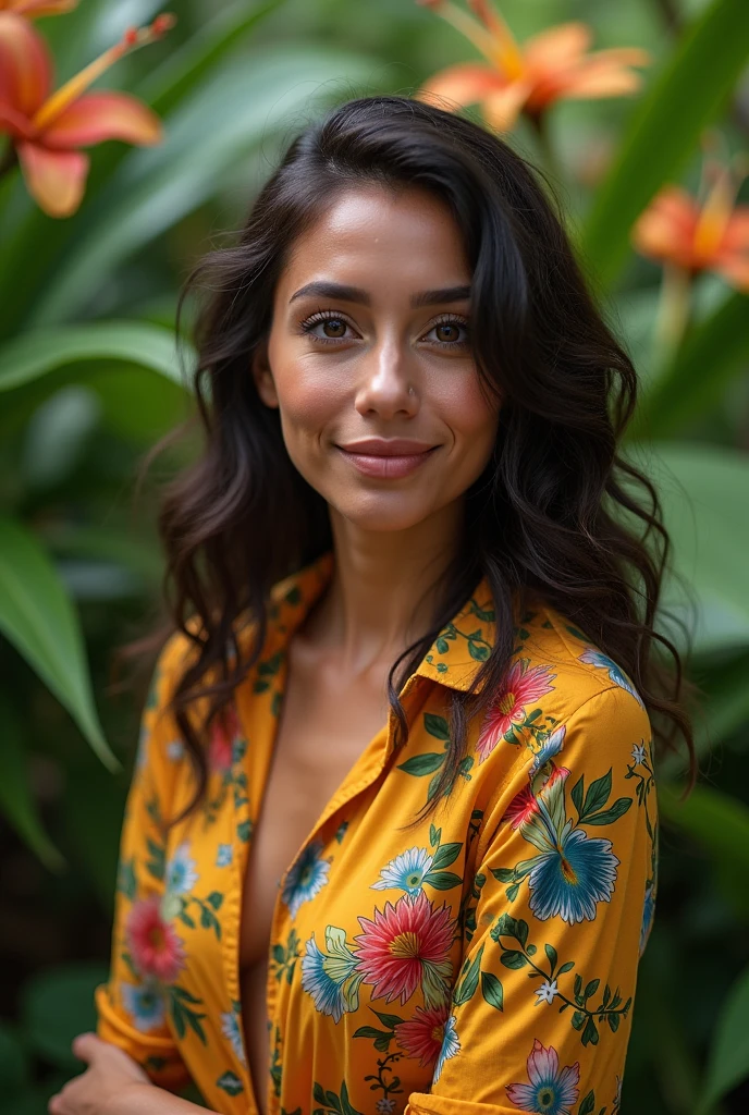 A Brazilian woman in a lush tropical garden, wearing an open shirt with a floral print, with a close-up capturing the harmonious beauty between her breasts and the natural flowers, showing off your natural charm and outgoing personality.