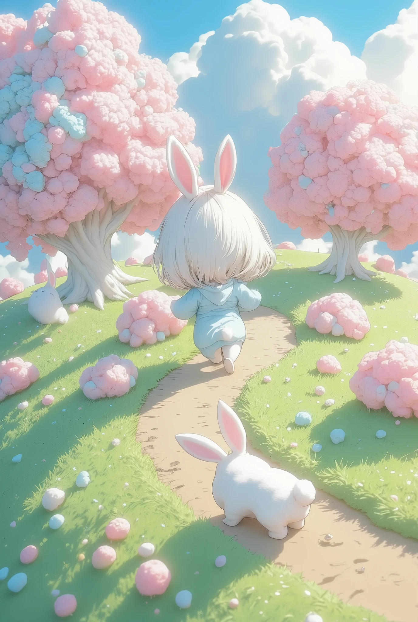 masterpiece, best quality, ultra-detailed, minimal object,trk, chibi, kawaii style, pastel tones. A gentle hill is covered in trees that grow pastel-colored candies instead of leaves. The tree trunks are soft and round, and the candies shimmer in the sunlight, casting soft rainbow reflections across the hill. A small chibi bunny hops through the grass, its fluffy tail bouncing with each step. A chibi figure stands at the top of the hill, their back to the viewer, looking out over the landscape filled with candy trees and sweet pastel colors. The scene feels whimsical and adorable, where nature and sweets come together in a kawaii paradise.