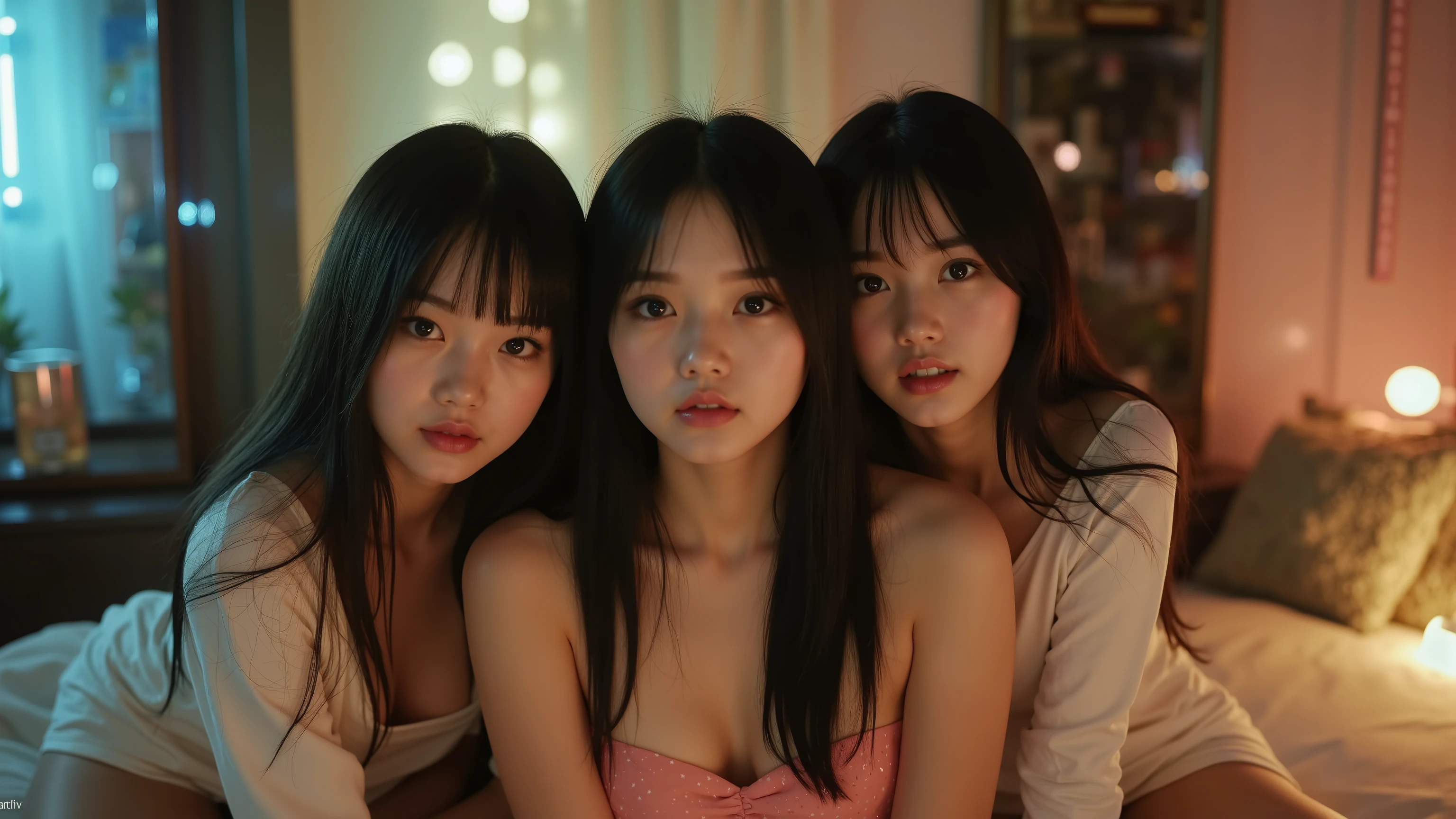 yung, 3 garotas, 3 irmas, selfie, s, korean, idol, magro , olhos puxados, olhos grandes, franja separada do lado direito , youthful appearance , light black hair , detalhes eyes, pupil , iris, smiling, grin, Rounded face, youthful appearance , sentada na beira da bed, nudes , vintage aesthetics ,cute face, full lips, long hair, volumoso hair, luz media, luz Environment, schedule :night , reflexos no Environment, Environment focado, looking, Environment:Room, bed, being, objects, leds, olhos revirados, possuida