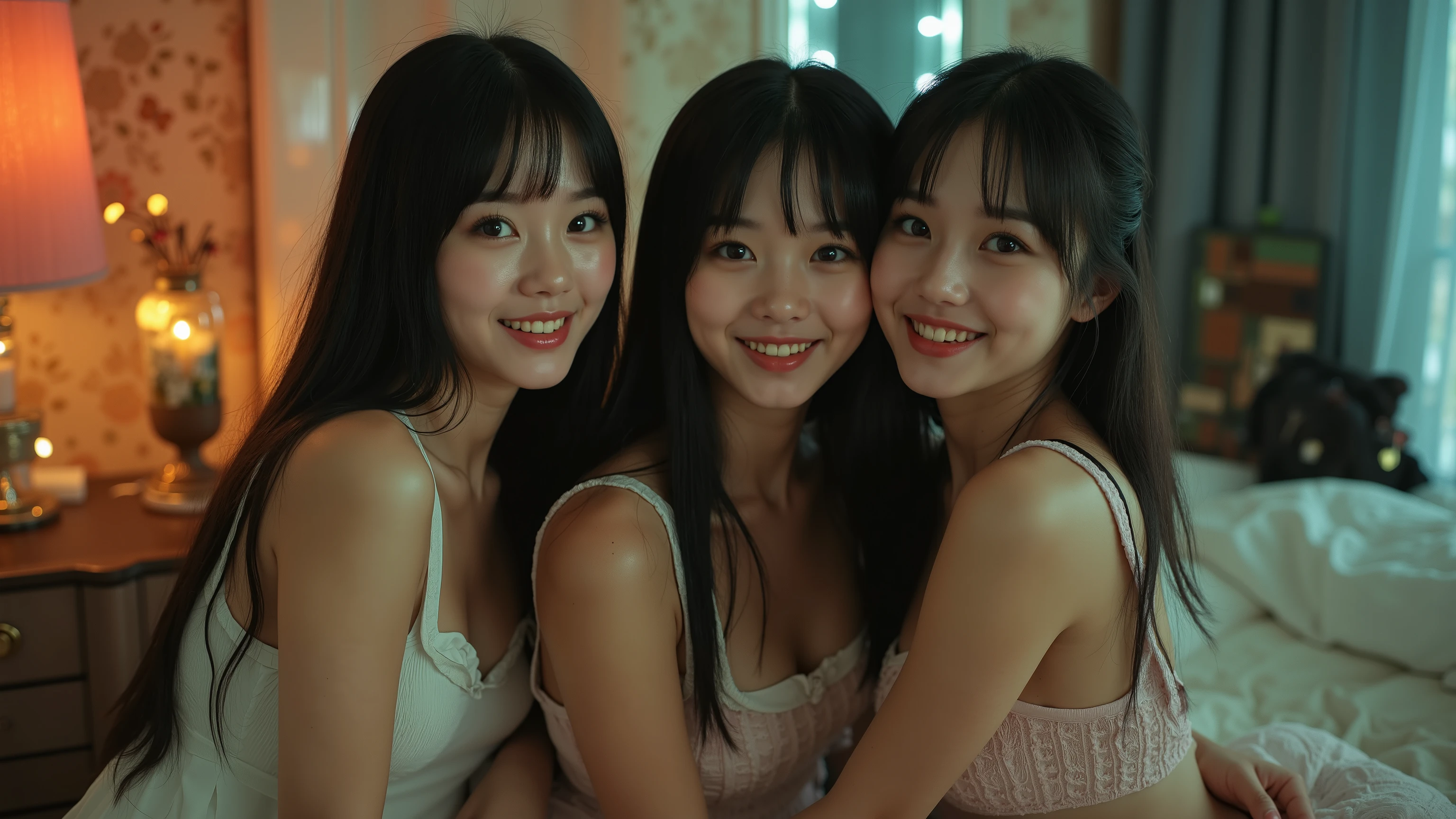 yung, 3 garotas, 3 irmas, selfie, s, korean, idol, magro , olhos puxados, olhos grandes, franja separada do lado direito , youthful appearance , light black hair , detalhes eyes, pupil , iris, smiling, grin, Rounded face, youthful appearance , sentada na beira da bed, nudes , vintage aesthetics ,cute face, full lips, long hair, volumoso hair, luz media, luz Environment, schedule :night , reflexos no Environment, Environment focado, looking, Environment:Room, bed, being, objects, leds, olhos revirados, possuida
