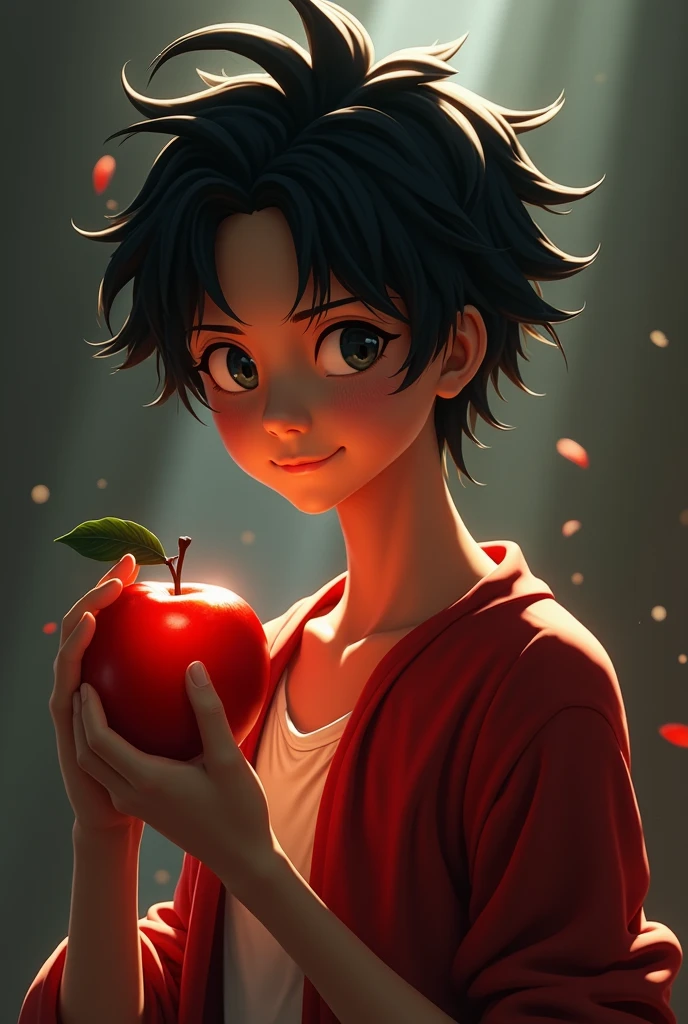 (Boy with an apple in his hand:1.8),(ultra-realismo:1.8),(foto premiada:1.5),(oil-painting:1.1), floresta ao fundo, Apples, luz suave.