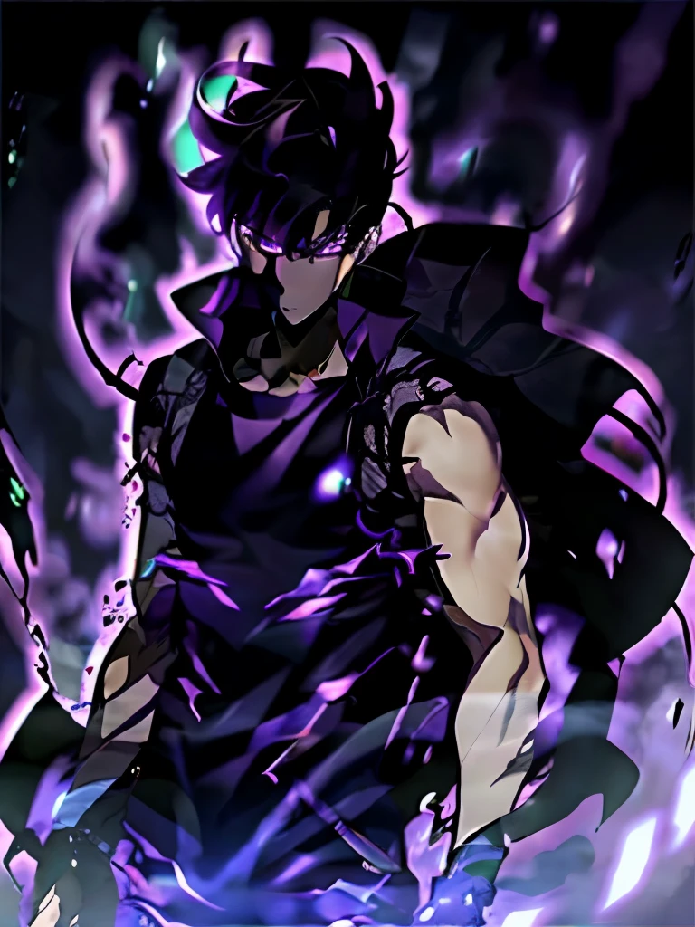 1 man 20 years old, handsome body, cool face, black hair, purple eyes, trained, black suit, dark city view, solo, many cool poses, holding a beautiful small sword.