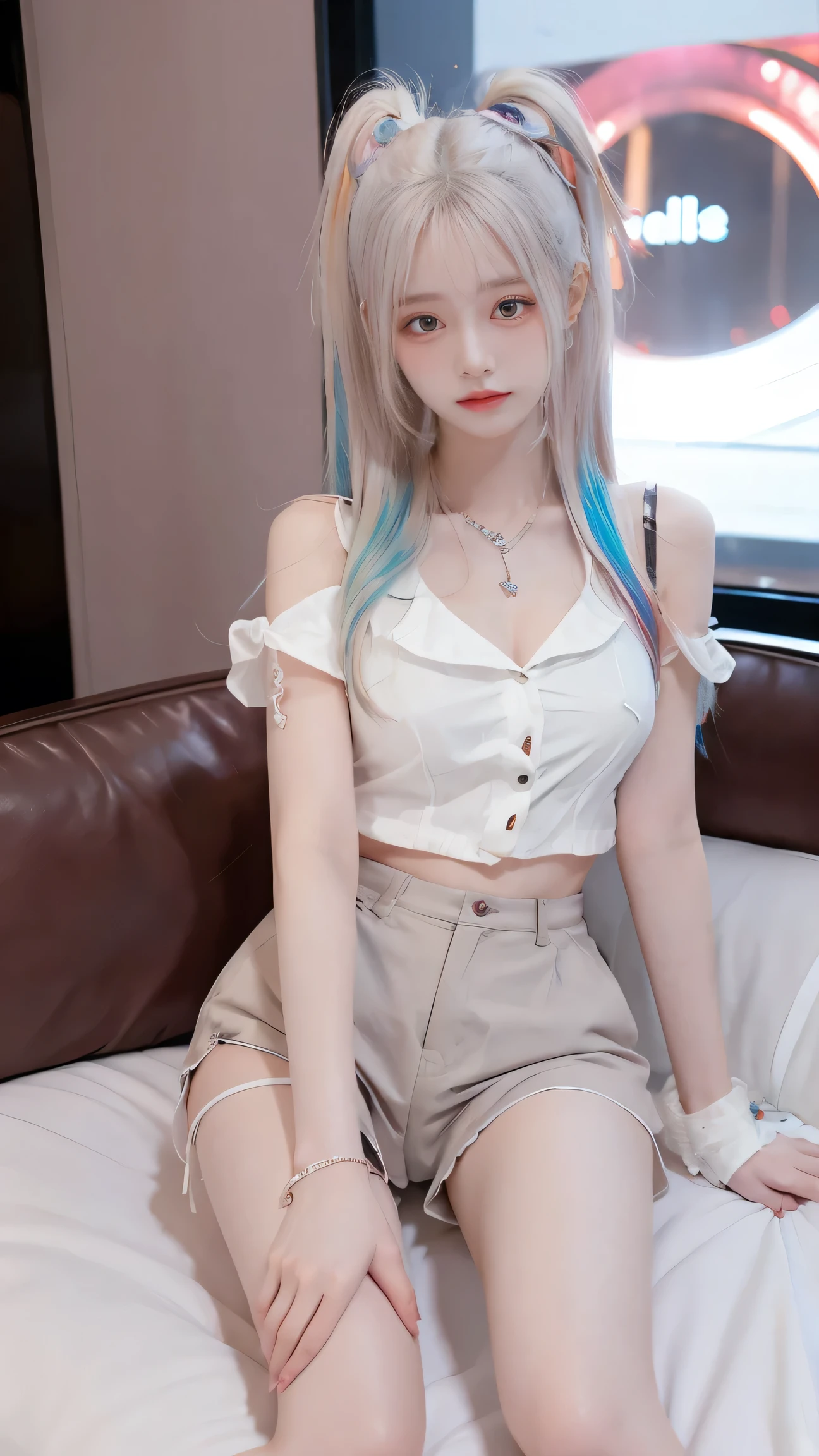 high definition , 8k, 1 girl, Look at the audience , Very Long Hair , White hair, rainbow hair , multicolored hair , , chest , seductive face color ,Slim legs, Sexy Gesture,necklace,earring,bangle, Women's Shirt, shorts