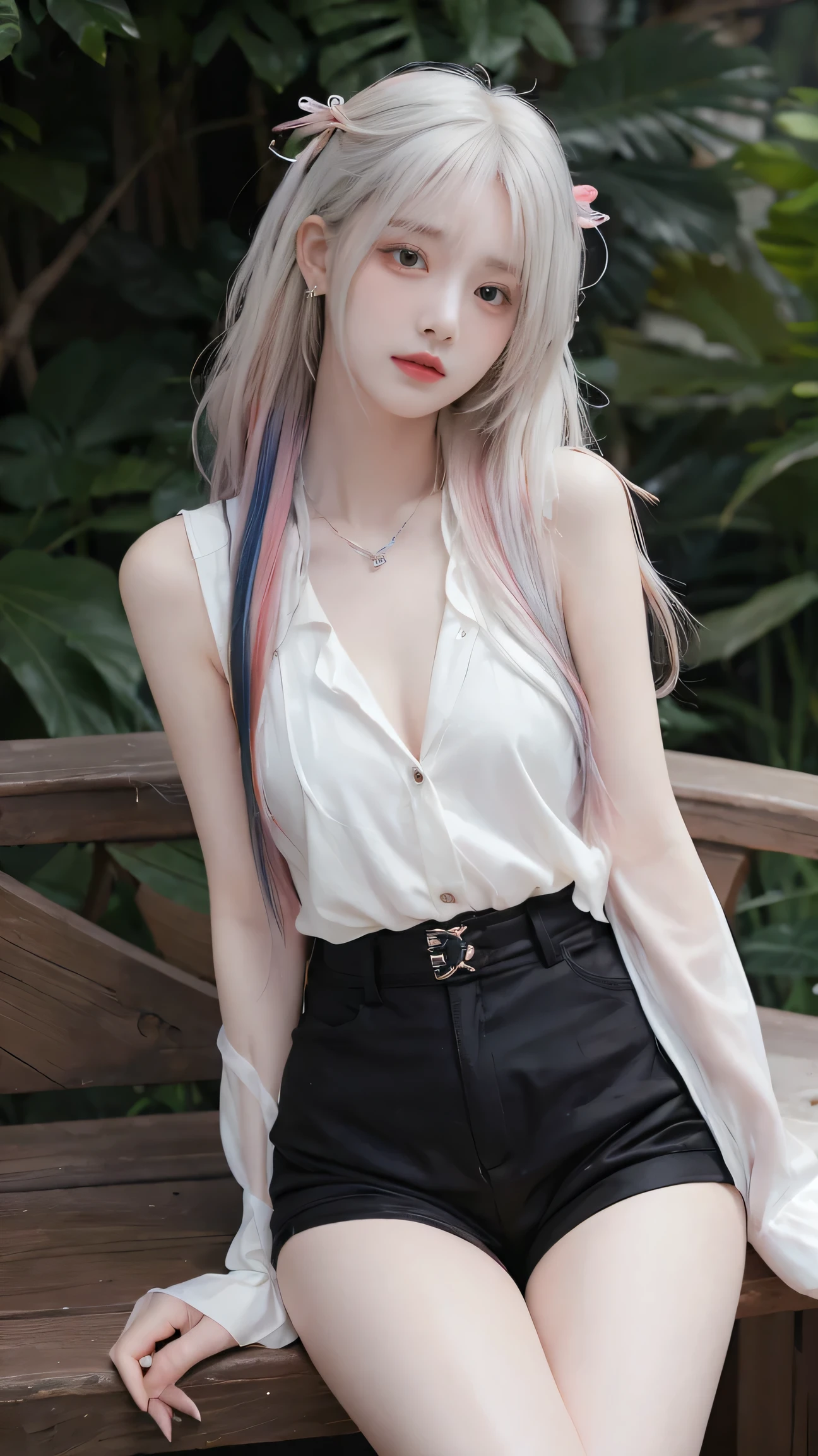 high definition , 8k, 1 girl, Look at the audience , Very Long Hair , White hair, rainbow hair , multicolored hair , , chest , seductive face color ,Slim legs, Sexy Gesture,necklace,earring,bangle, Women's Shirt, shorts,outdoor